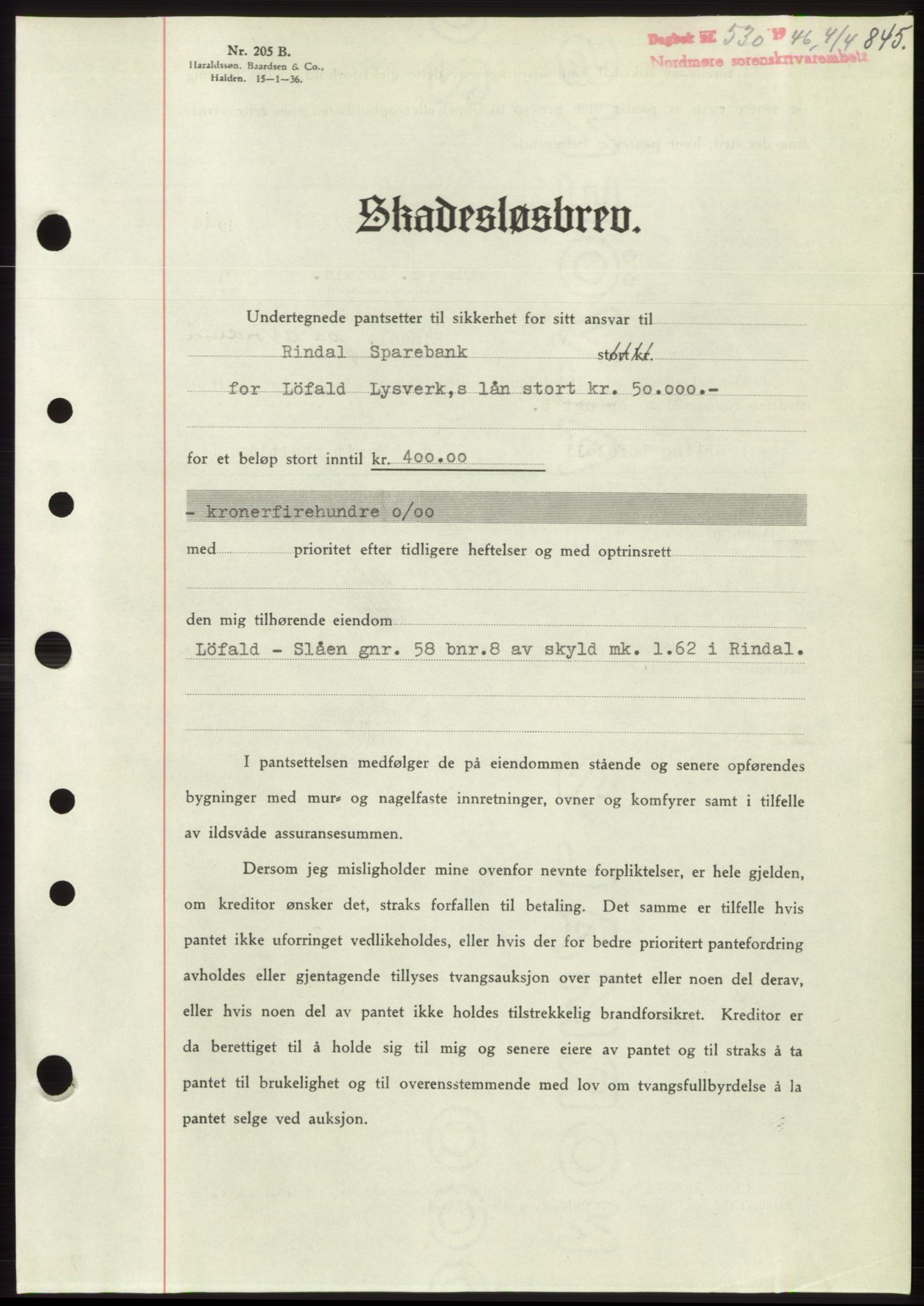 Nordmøre sorenskriveri, AV/SAT-A-4132/1/2/2Ca: Mortgage book no. B93b, 1946-1946, Diary no: : 530/1946