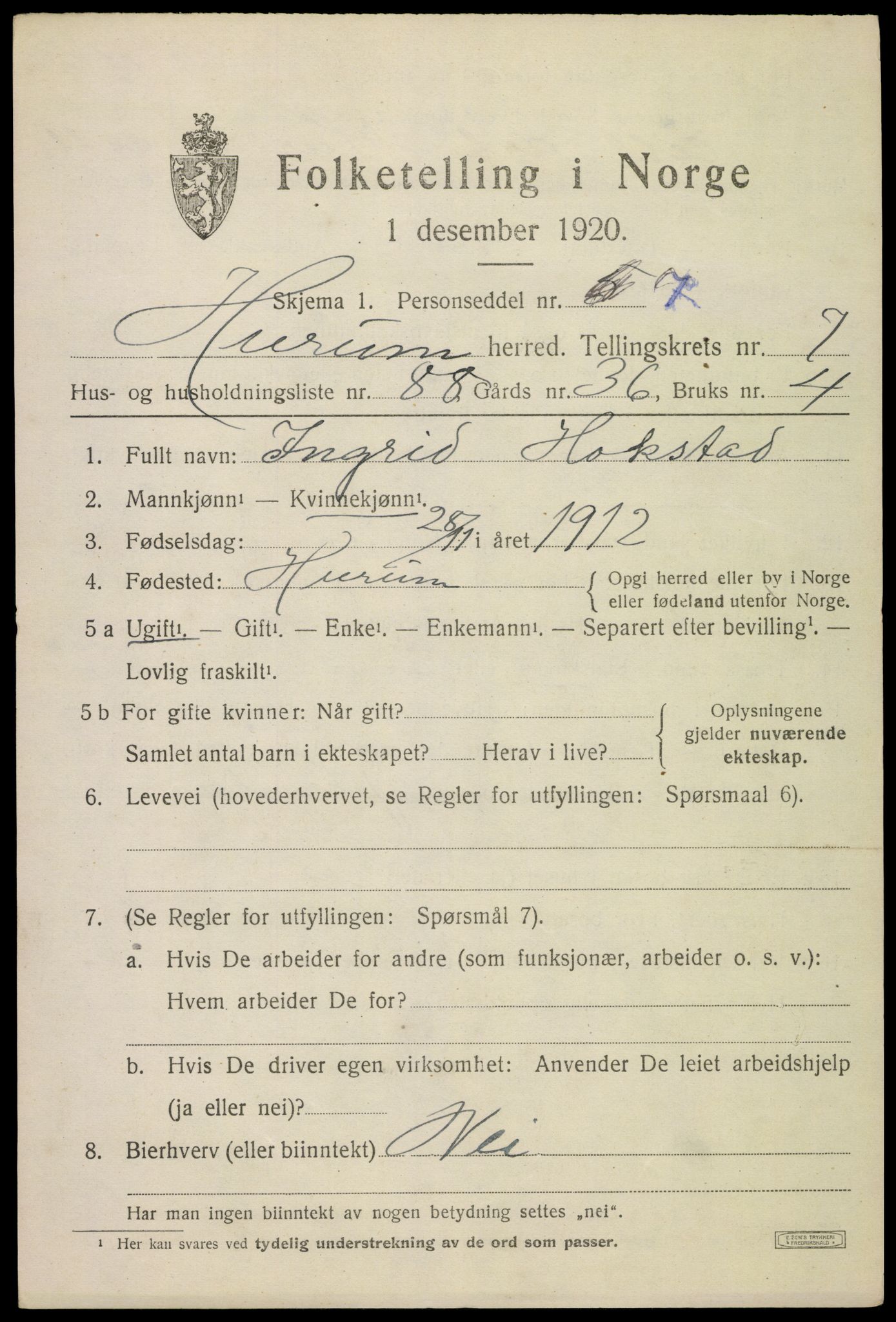 SAKO, 1920 census for Hurum, 1920, p. 10110