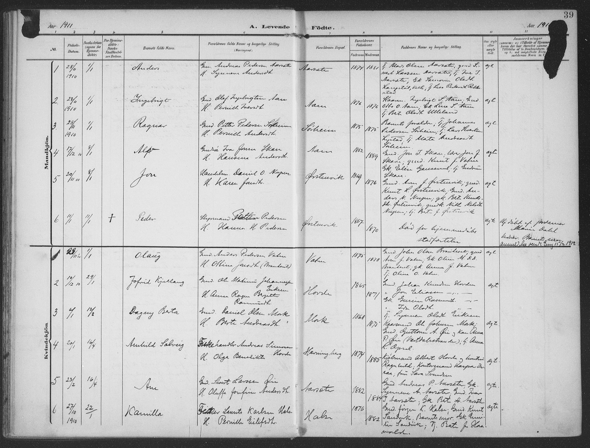Ministerialprotokoller, klokkerbøker og fødselsregistre - Møre og Romsdal, SAT/A-1454/513/L0178: Parish register (official) no. 513A05, 1906-1919, p. 39