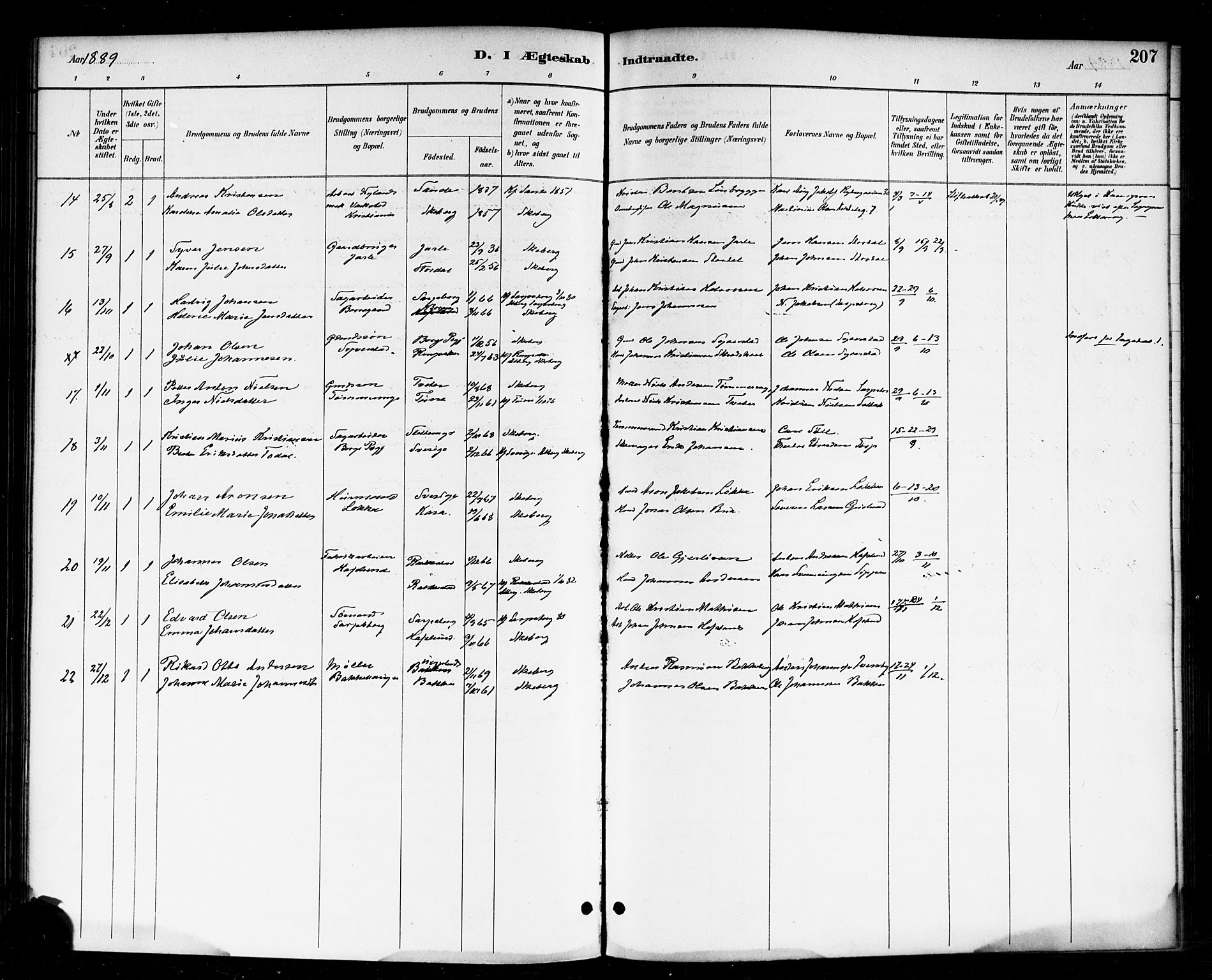 Skjeberg prestekontor Kirkebøker, AV/SAO-A-10923/F/Fa/L0009: Parish register (official) no. I 9, 1886-1897, p. 207