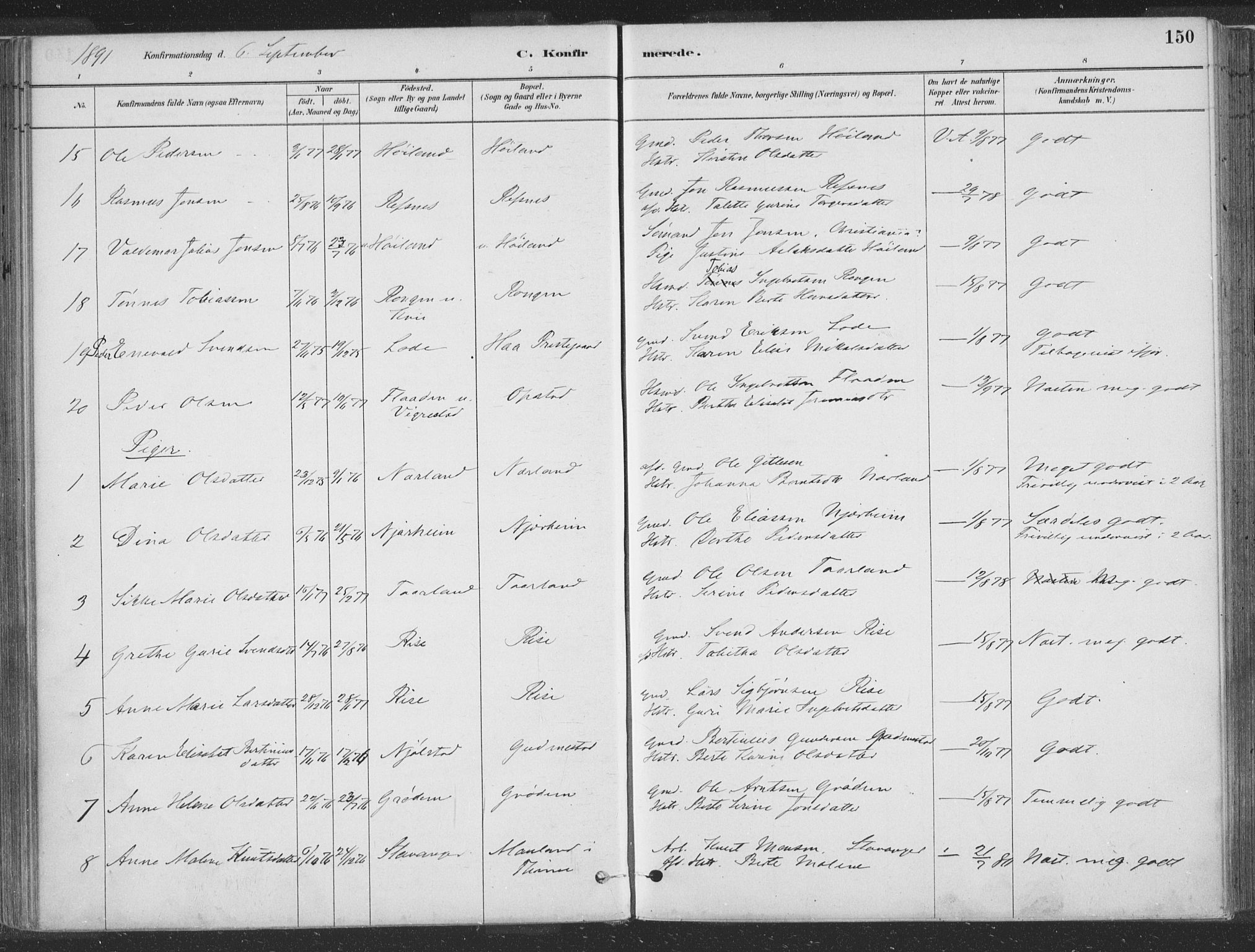 Hå sokneprestkontor, SAST/A-101801/001/30BA/L0010: Parish register (official) no. A 9, 1879-1896, p. 150
