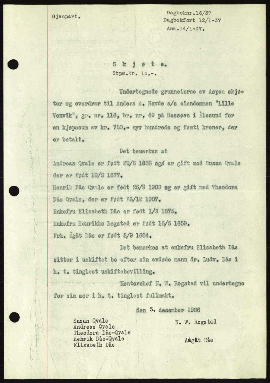 Ålesund byfogd, AV/SAT-A-4384: Mortgage book no. 34 I, 1936-1938, Diary no: : 16/1937