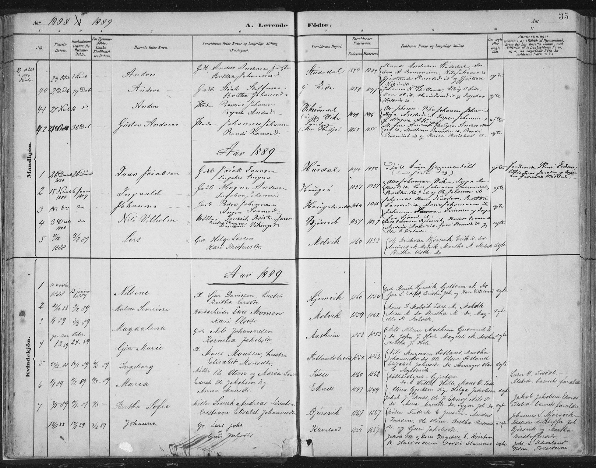 Hosanger sokneprestembete, SAB/A-75801/H/Hab: Parish register (copy) no. A 3 I, 1882-1903, p. 35