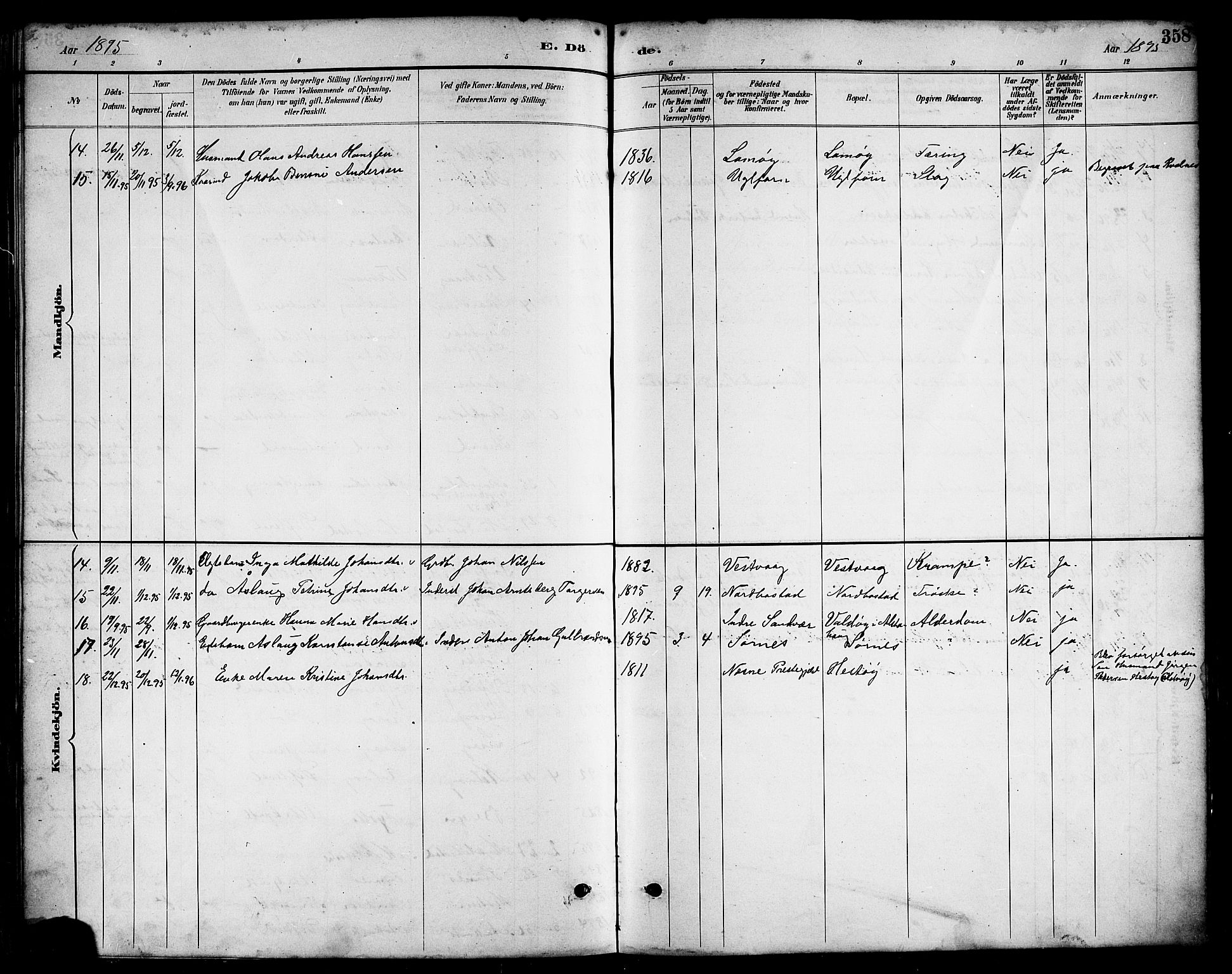 Ministerialprotokoller, klokkerbøker og fødselsregistre - Nordland, AV/SAT-A-1459/817/L0268: Parish register (copy) no. 817C03, 1884-1920, p. 358