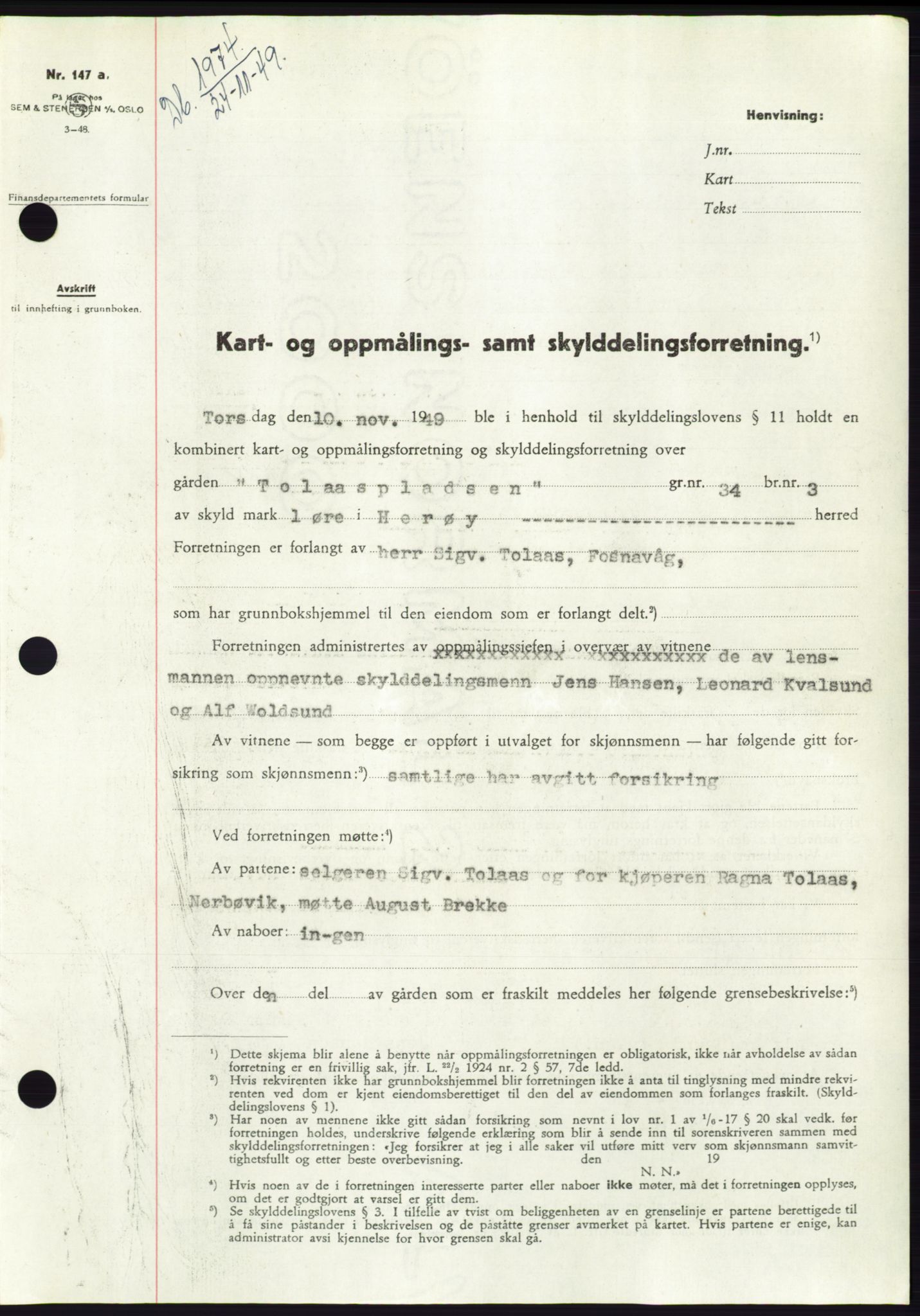 Søre Sunnmøre sorenskriveri, AV/SAT-A-4122/1/2/2C/L0085: Mortgage book no. 11A, 1949-1949, Diary no: : 1974/1949