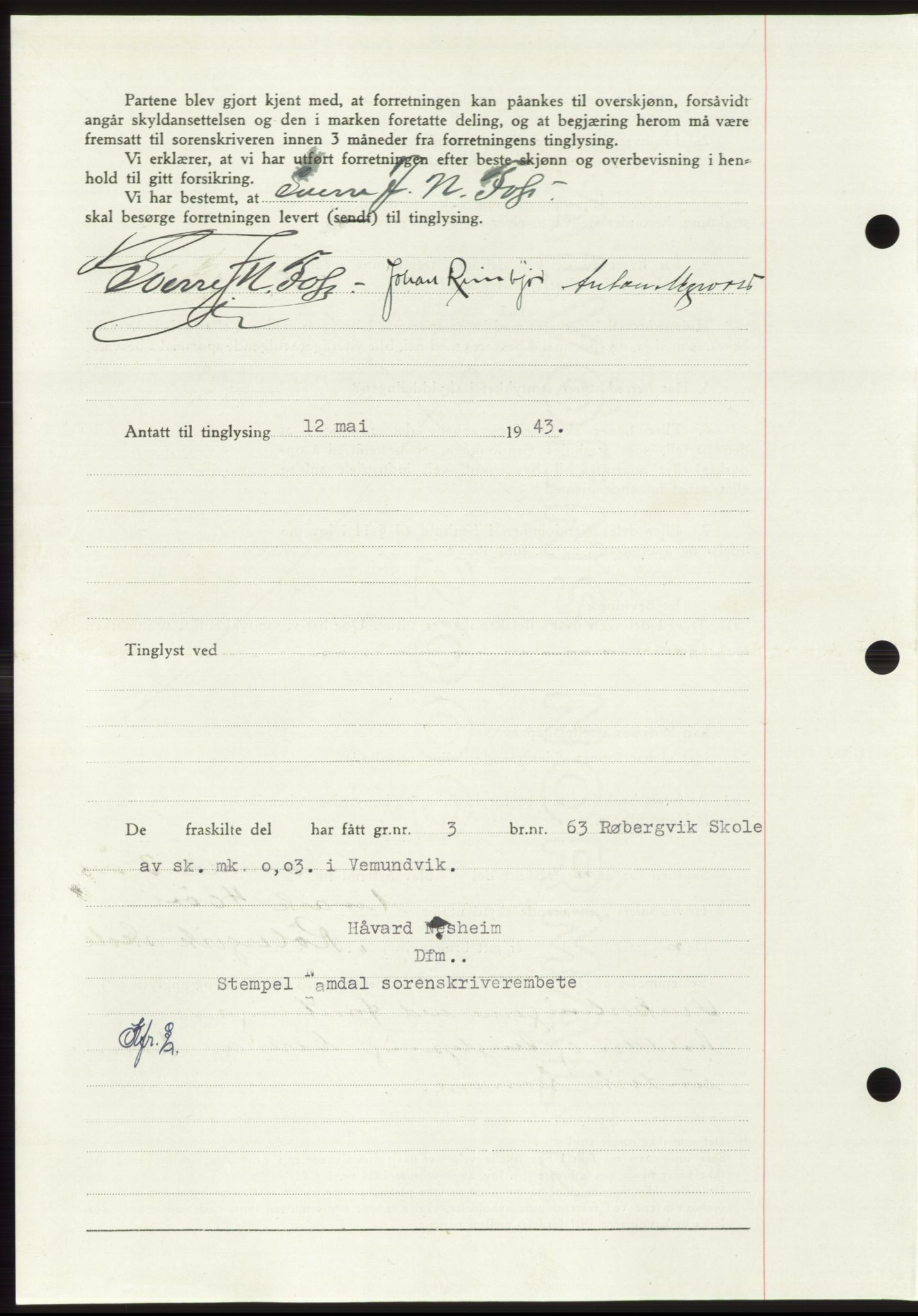 Namdal sorenskriveri, AV/SAT-A-4133/1/2/2C: Mortgage book no. -, 1943-1944, Diary no: : 890/1943