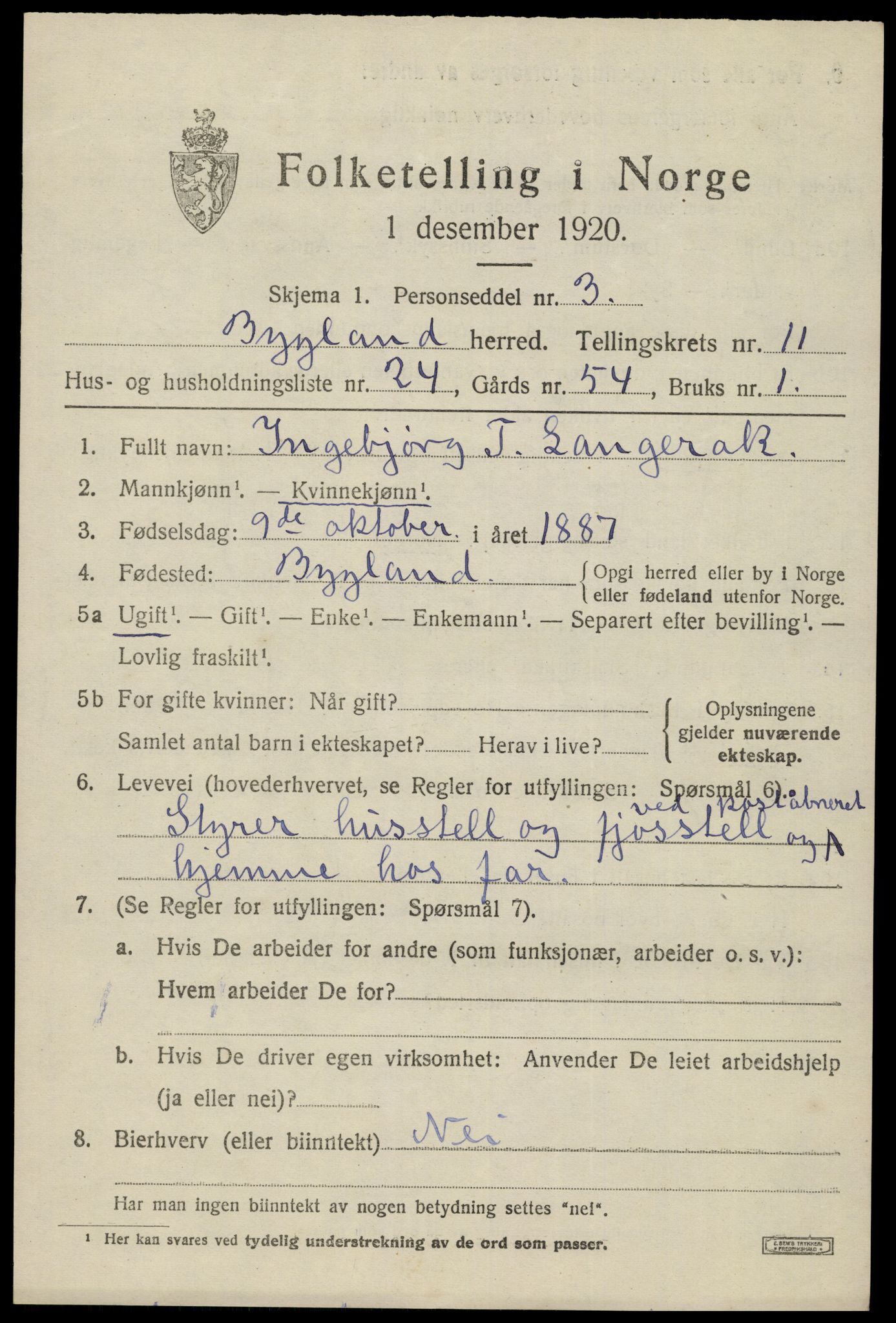 SAK, 1920 census for Bygland, 1920, p. 4457