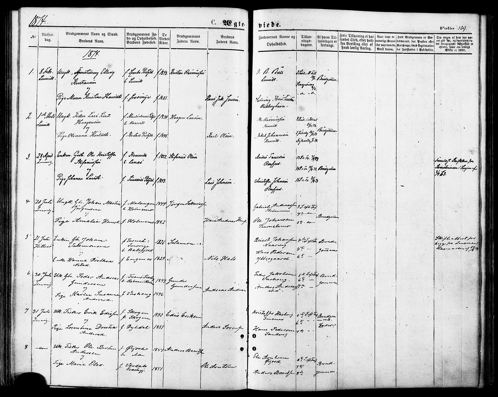 Lenvik sokneprestembete, AV/SATØ-S-1310/H/Ha/Haa/L0010kirke: Parish register (official) no. 10, 1873-1880, p. 139