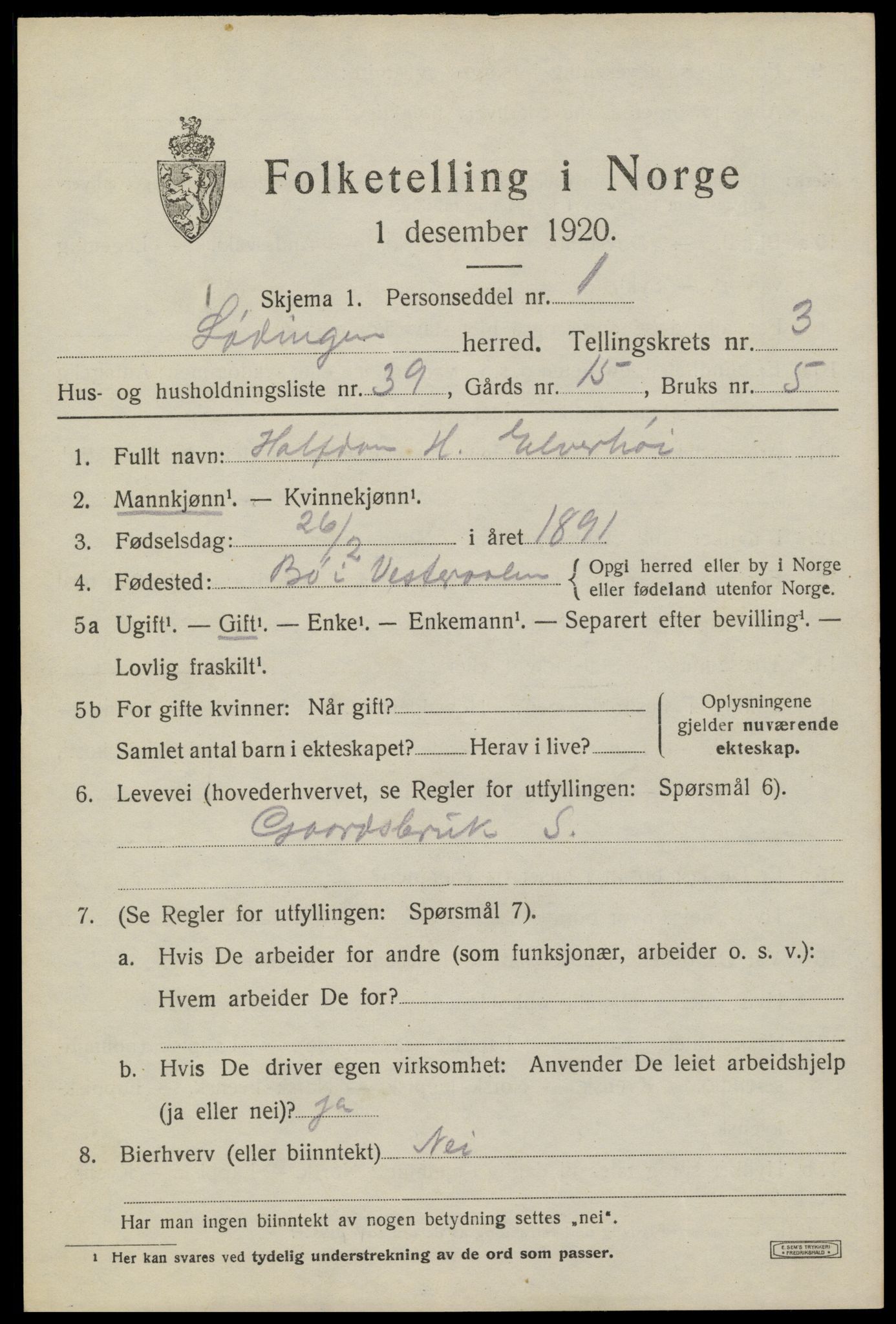 SAT, 1920 census for Lødingen, 1920, p. 2585