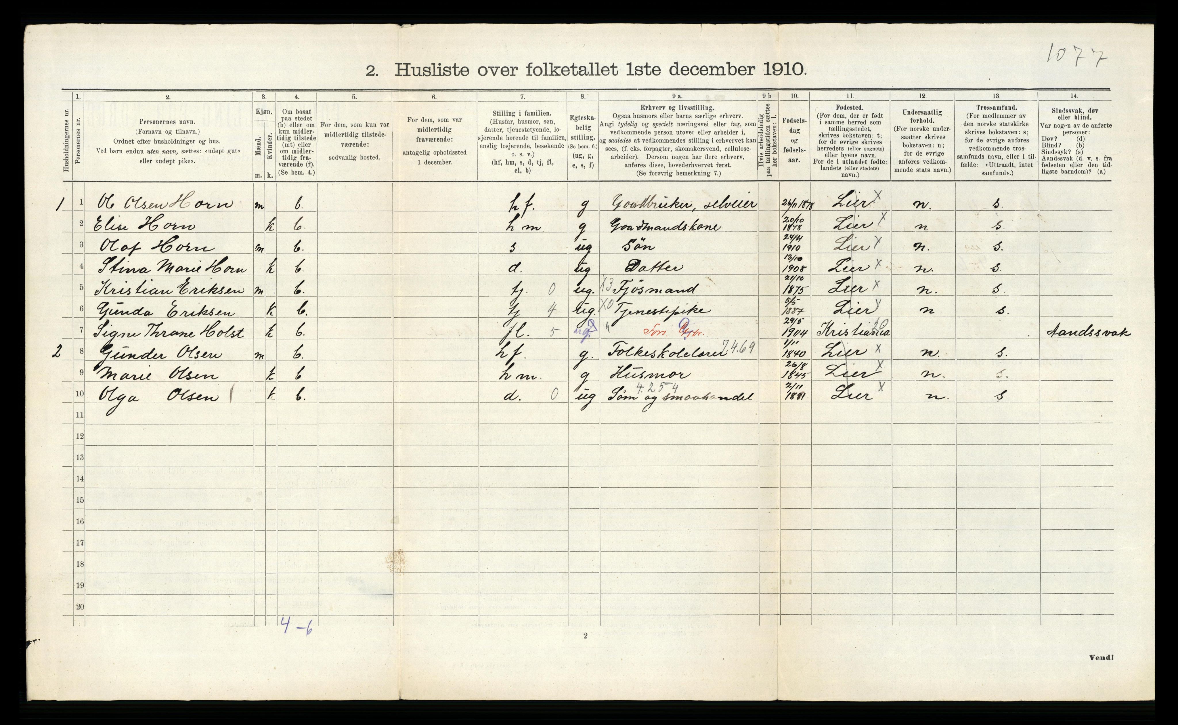 RA, 1910 census for Lier, 1910, p. 2583