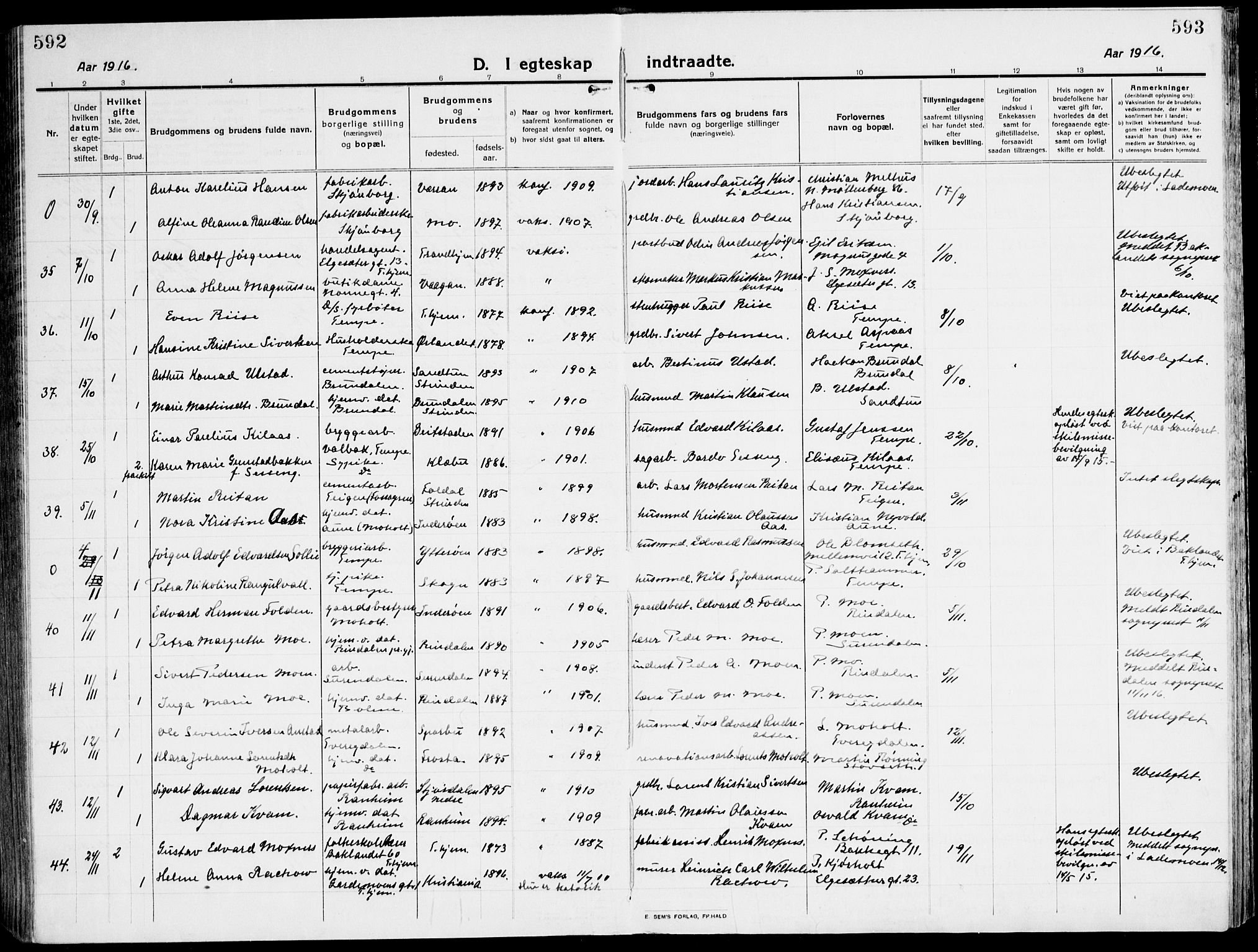 Ministerialprotokoller, klokkerbøker og fødselsregistre - Sør-Trøndelag, SAT/A-1456/607/L0321: Parish register (official) no. 607A05, 1916-1935, p. 592-593