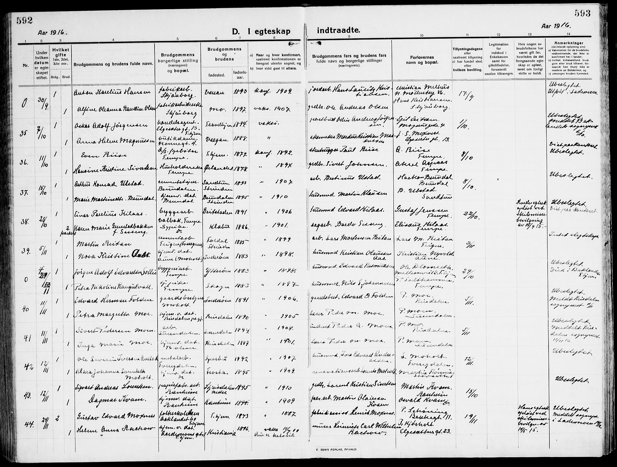 Ministerialprotokoller, klokkerbøker og fødselsregistre - Sør-Trøndelag, AV/SAT-A-1456/607/L0321: Parish register (official) no. 607A05, 1916-1935, p. 592-593