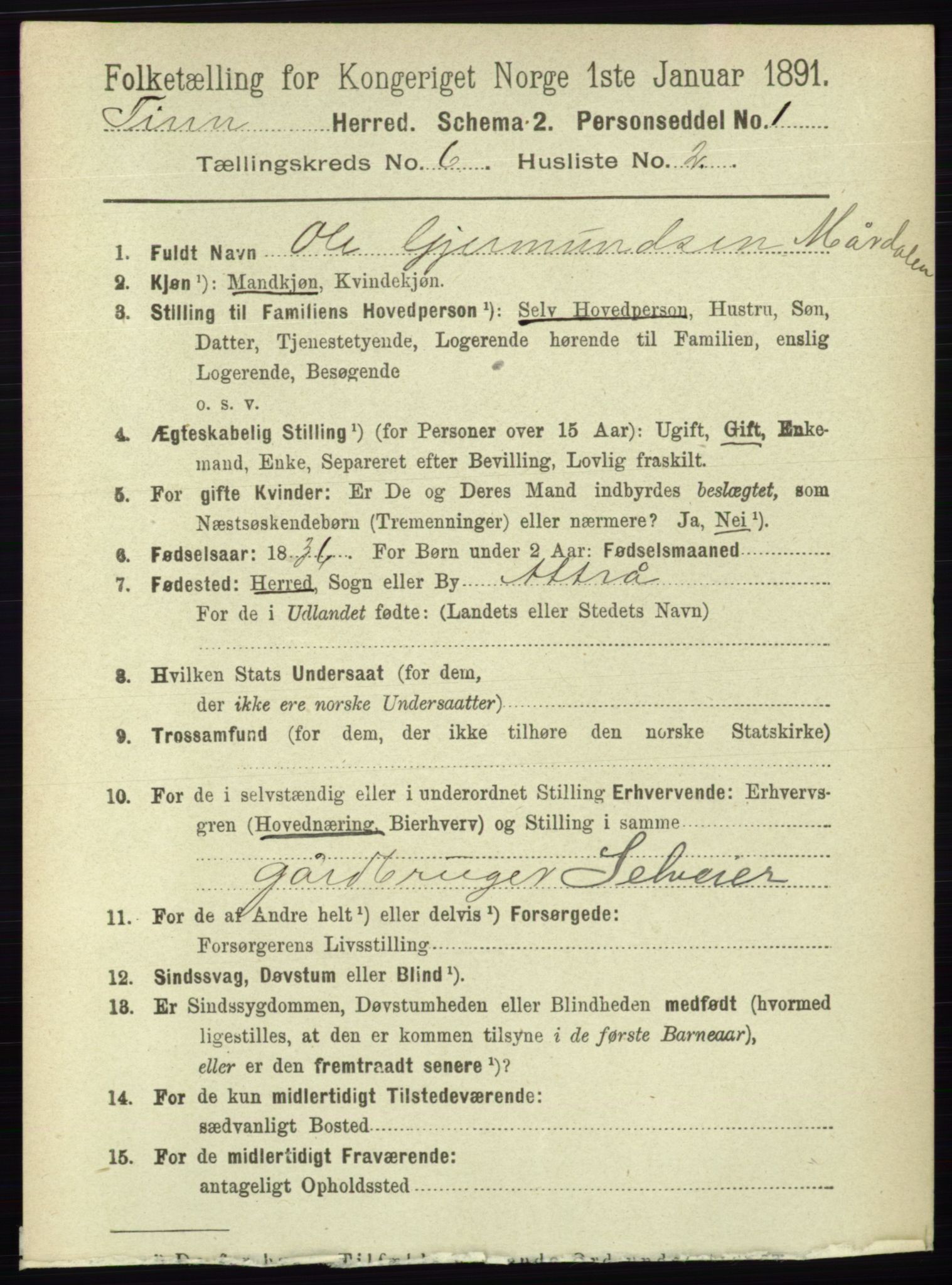 RA, 1891 census for 0826 Tinn, 1891, p. 1195