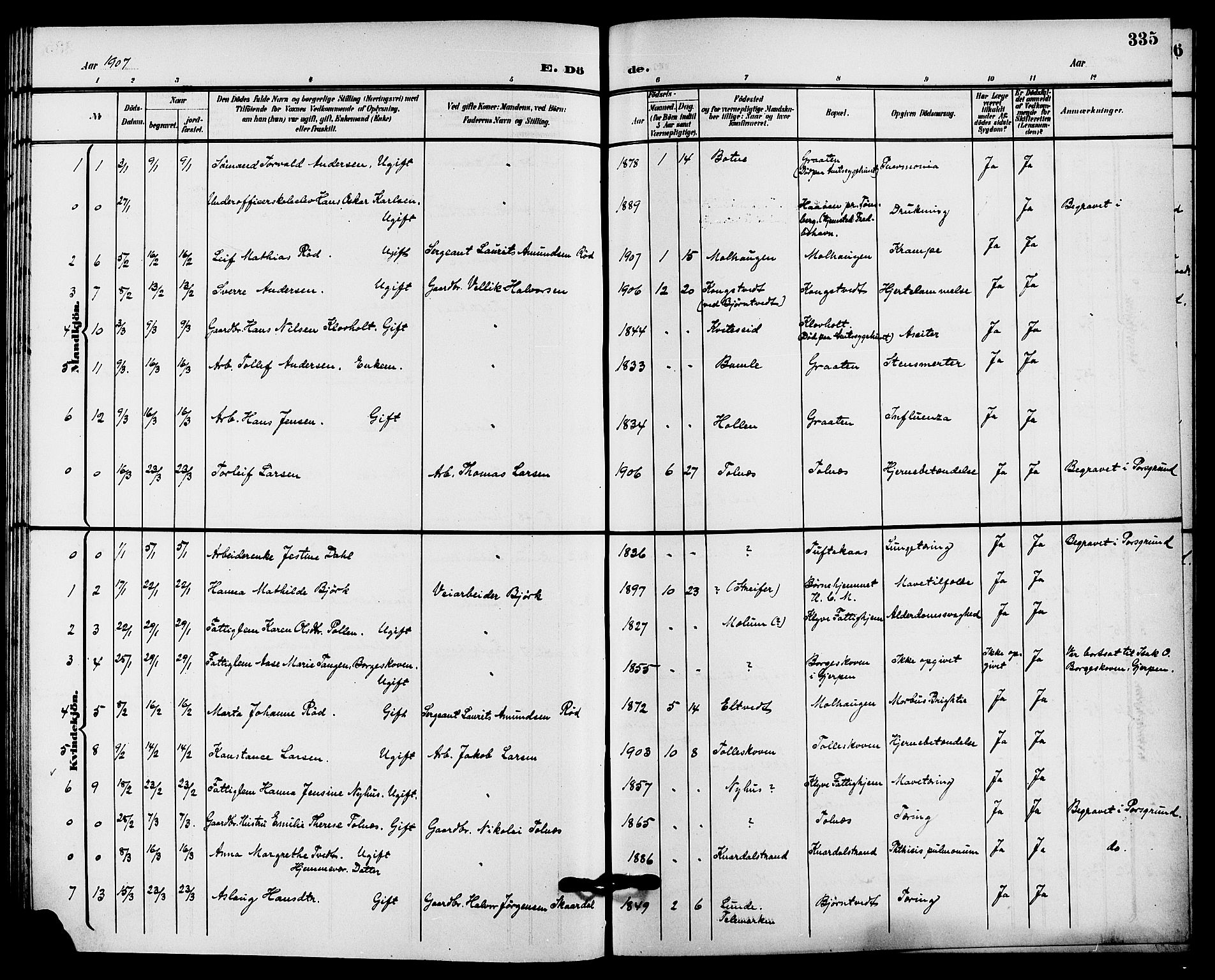 Solum kirkebøker, SAKO/A-306/G/Ga/L0008: Parish register (copy) no. I 8, 1898-1909, p. 335