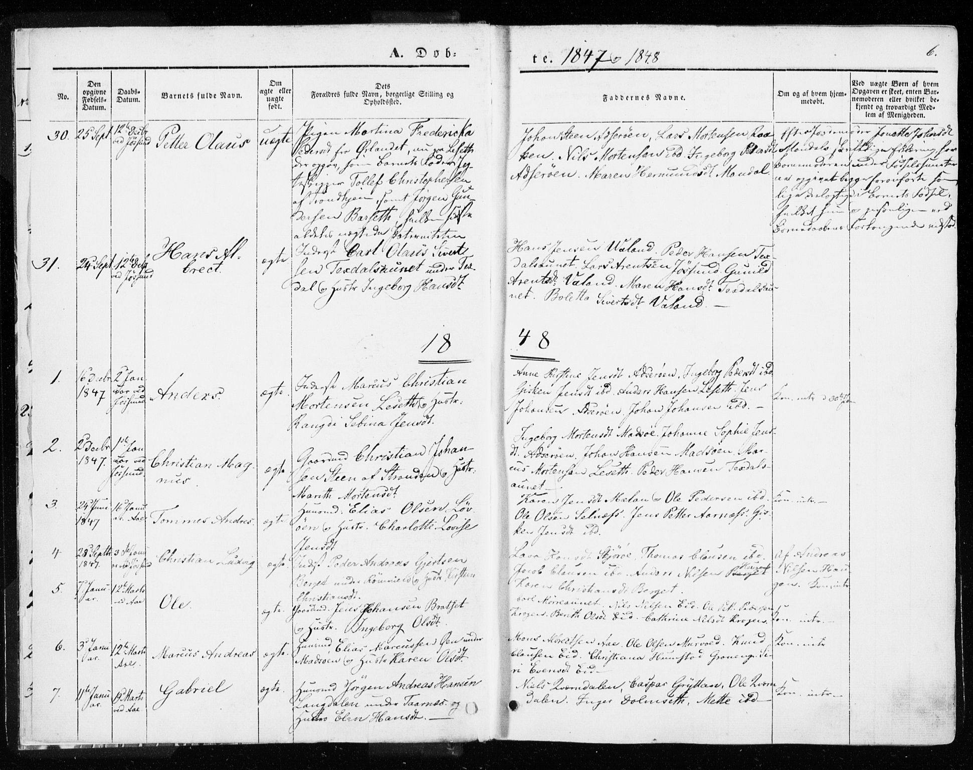 Ministerialprotokoller, klokkerbøker og fødselsregistre - Sør-Trøndelag, SAT/A-1456/655/L0677: Parish register (official) no. 655A06, 1847-1860, p. 6