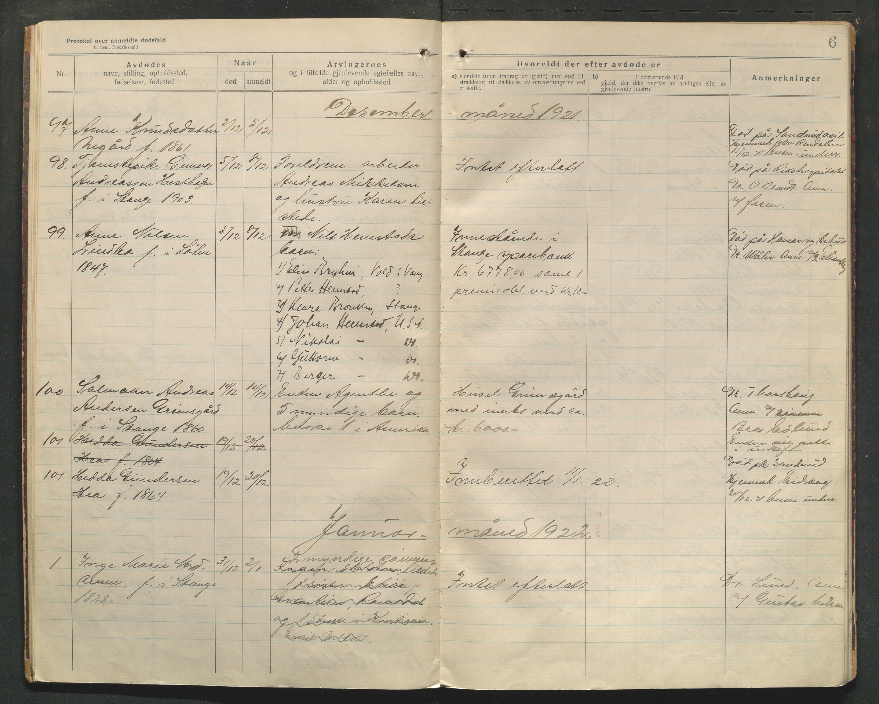 Stange lensmannskontor, SAH/LHS-020/H/Ha/Haa/L0001/0004: Dødsfallsprotokoller / Dødsfallsprotokoll, 1921-1925, p. 6