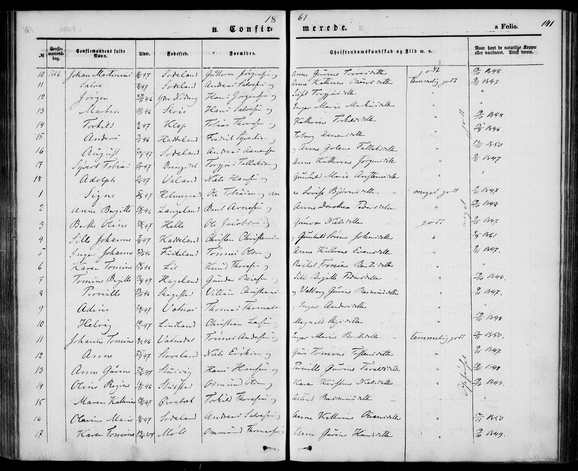 Holum sokneprestkontor, AV/SAK-1111-0022/F/Fa/Faa/L0005: Parish register (official) no. A 5, 1850-1864, p. 141