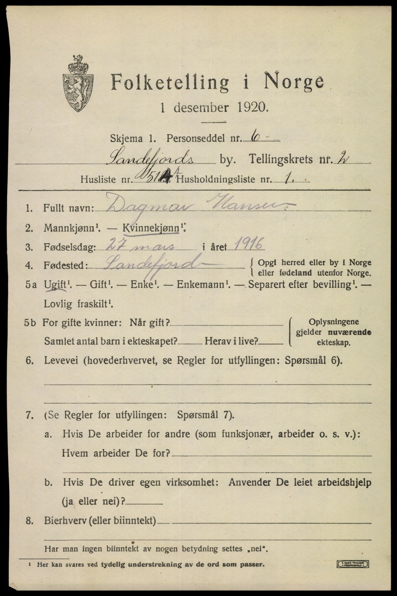 SAKO, 1920 census for Sandefjord, 1920, p. 6380