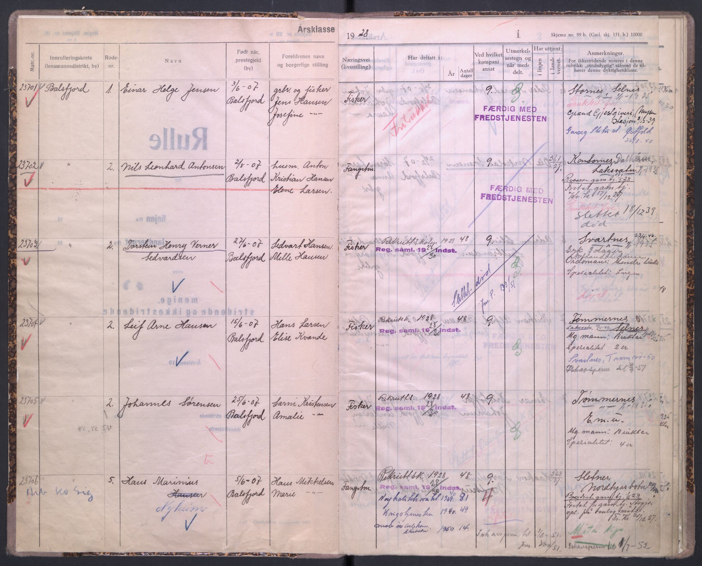 Forsvaret, Troms infanteriregiment nr. 16, AV/RA-RAFA-3146/P/Pa/L0004/0008: Ruller / Rulle for Lyngen bataljons menige mannskaper, årsklasse 1928, 1928, p. 1