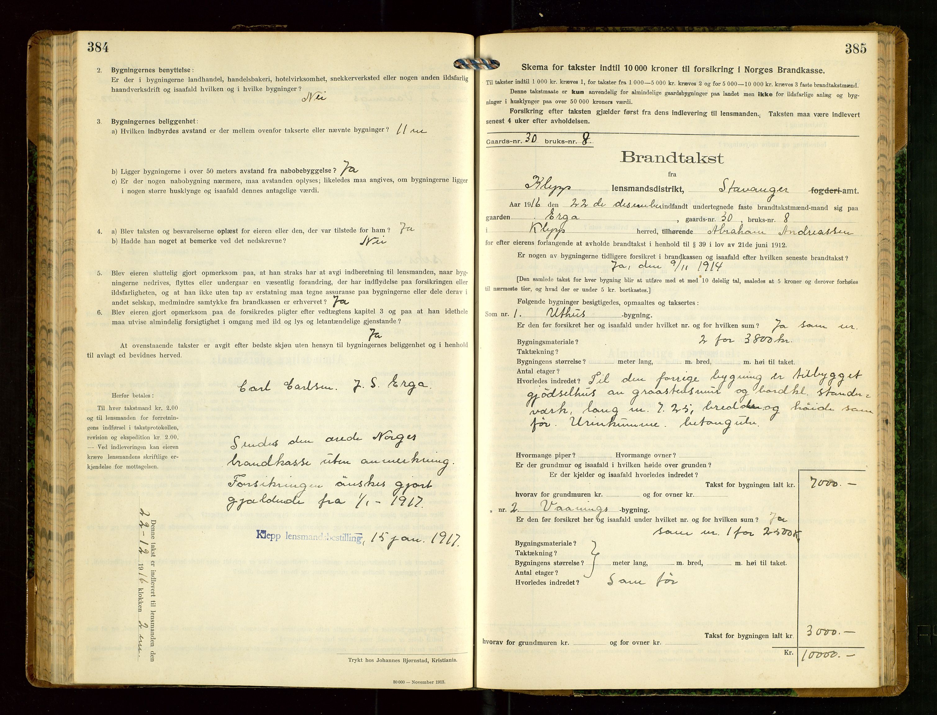 Klepp lensmannskontor, AV/SAST-A-100163/Goc/L0008: "Brandtakstprotokol" m/register, 1914-1917, p. 384-385