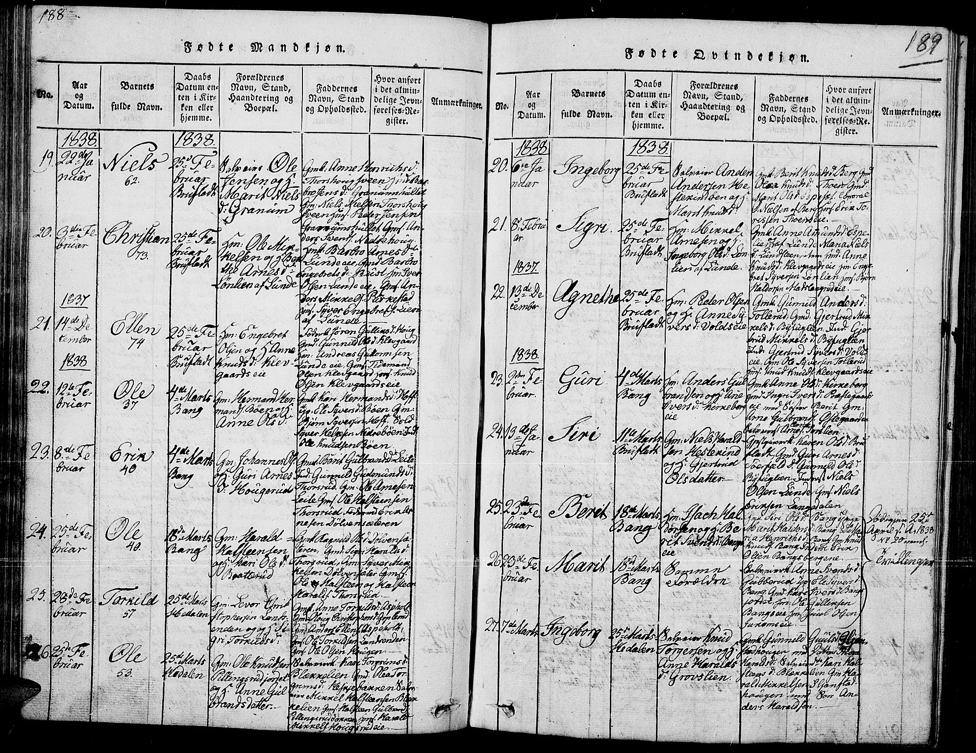 Sør-Aurdal prestekontor, SAH/PREST-128/H/Ha/Hab/L0002: Parish register (copy) no. 2, 1826-1840, p. 188-189