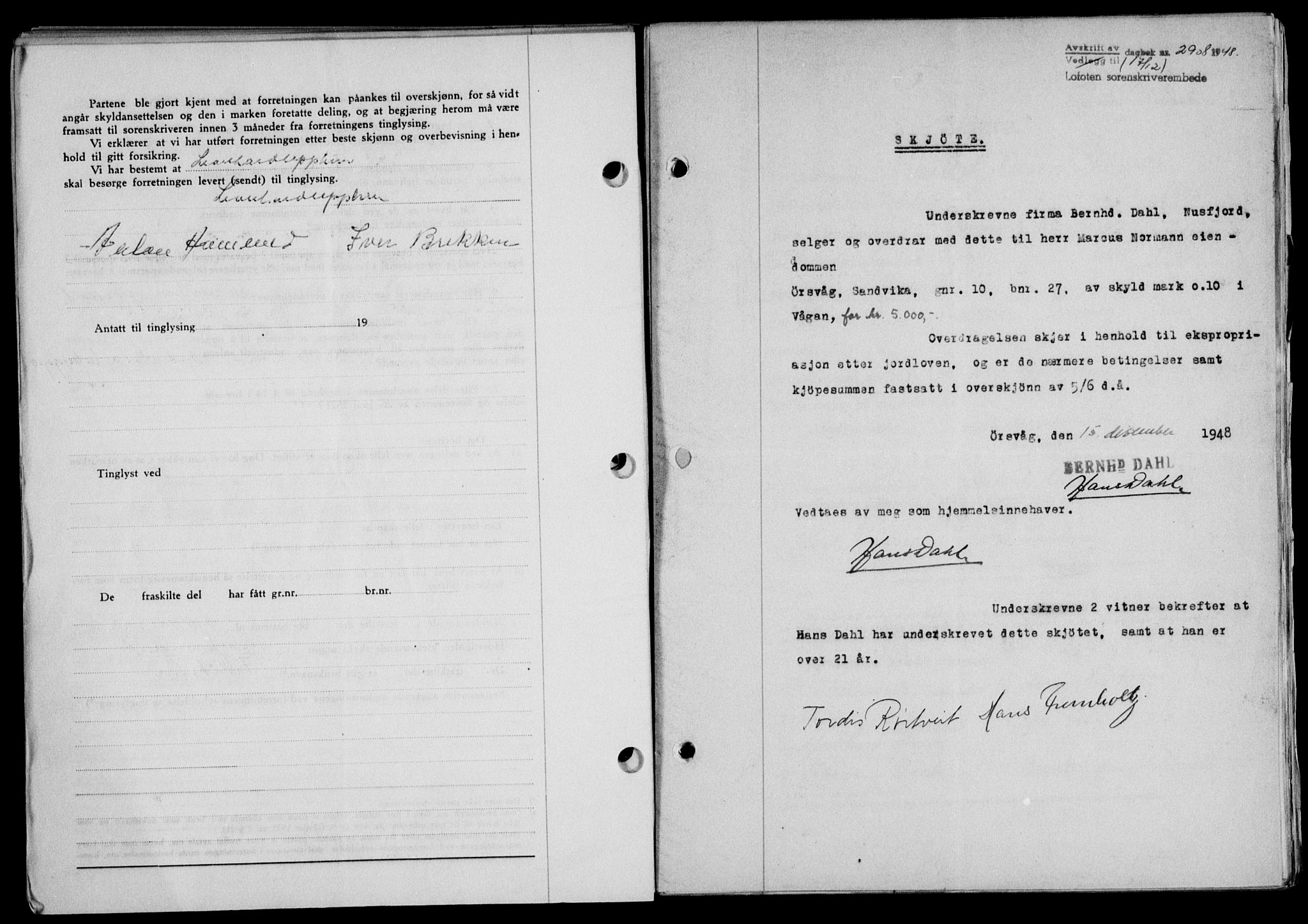 Lofoten sorenskriveri, SAT/A-0017/1/2/2C/L0020a: Mortgage book no. 20a, 1948-1949, Diary no: : 2908/1948