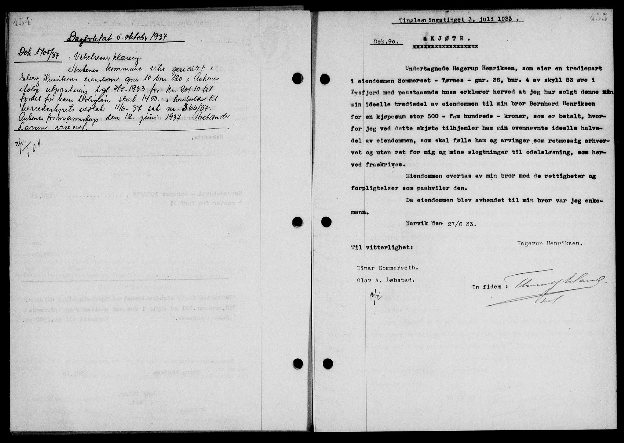 Steigen og Ofoten sorenskriveri, SAT/A-0030/1/2/2C/L0023/0002: Mortgage book no. 26-II og 27, 1933-1934, Deed date: 03.07.1933