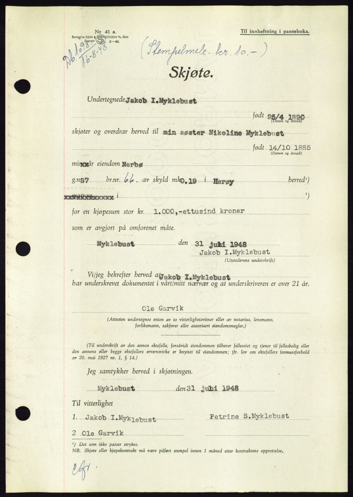 Søre Sunnmøre sorenskriveri, AV/SAT-A-4122/1/2/2C/L0082: Mortgage book no. 8A, 1948-1948, Diary no: : 1098/1948