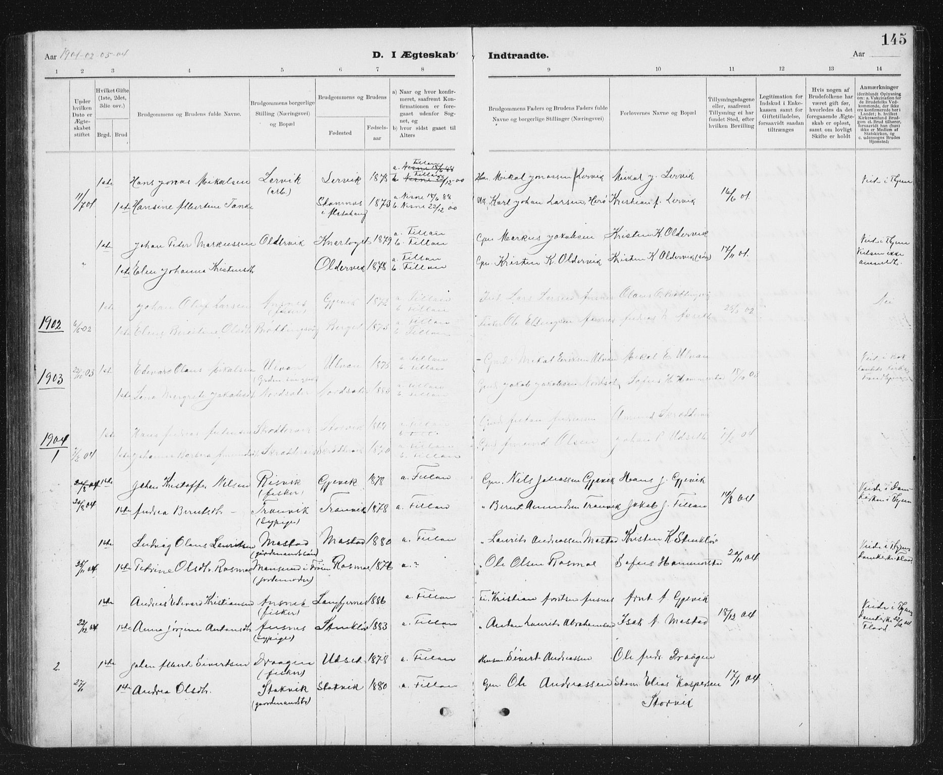 Ministerialprotokoller, klokkerbøker og fødselsregistre - Sør-Trøndelag, AV/SAT-A-1456/637/L0563: Parish register (copy) no. 637C04, 1899-1940, p. 145