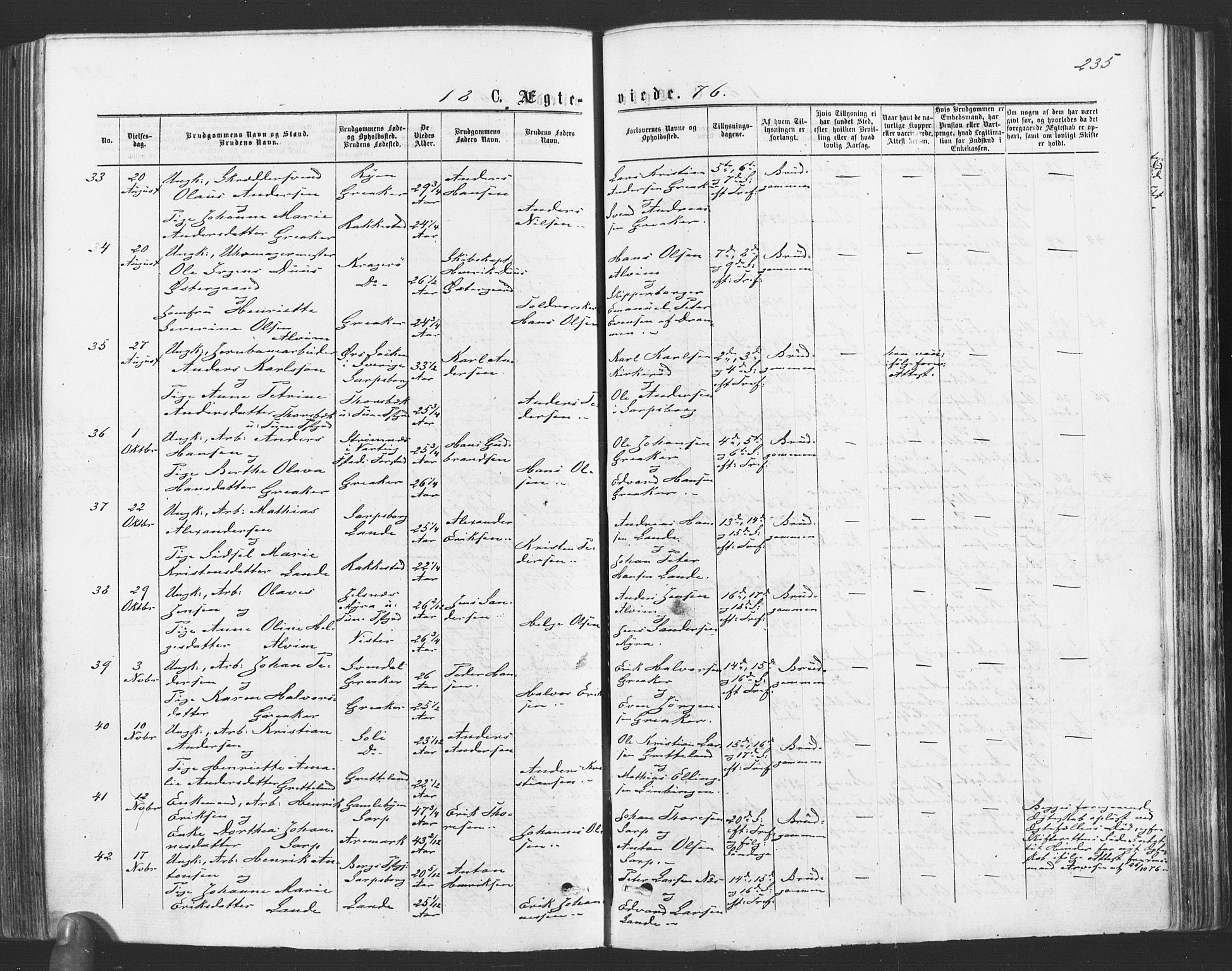 Tune prestekontor Kirkebøker, SAO/A-2007/F/Fa/L0016: Parish register (official) no. 16, 1874-1877, p. 235