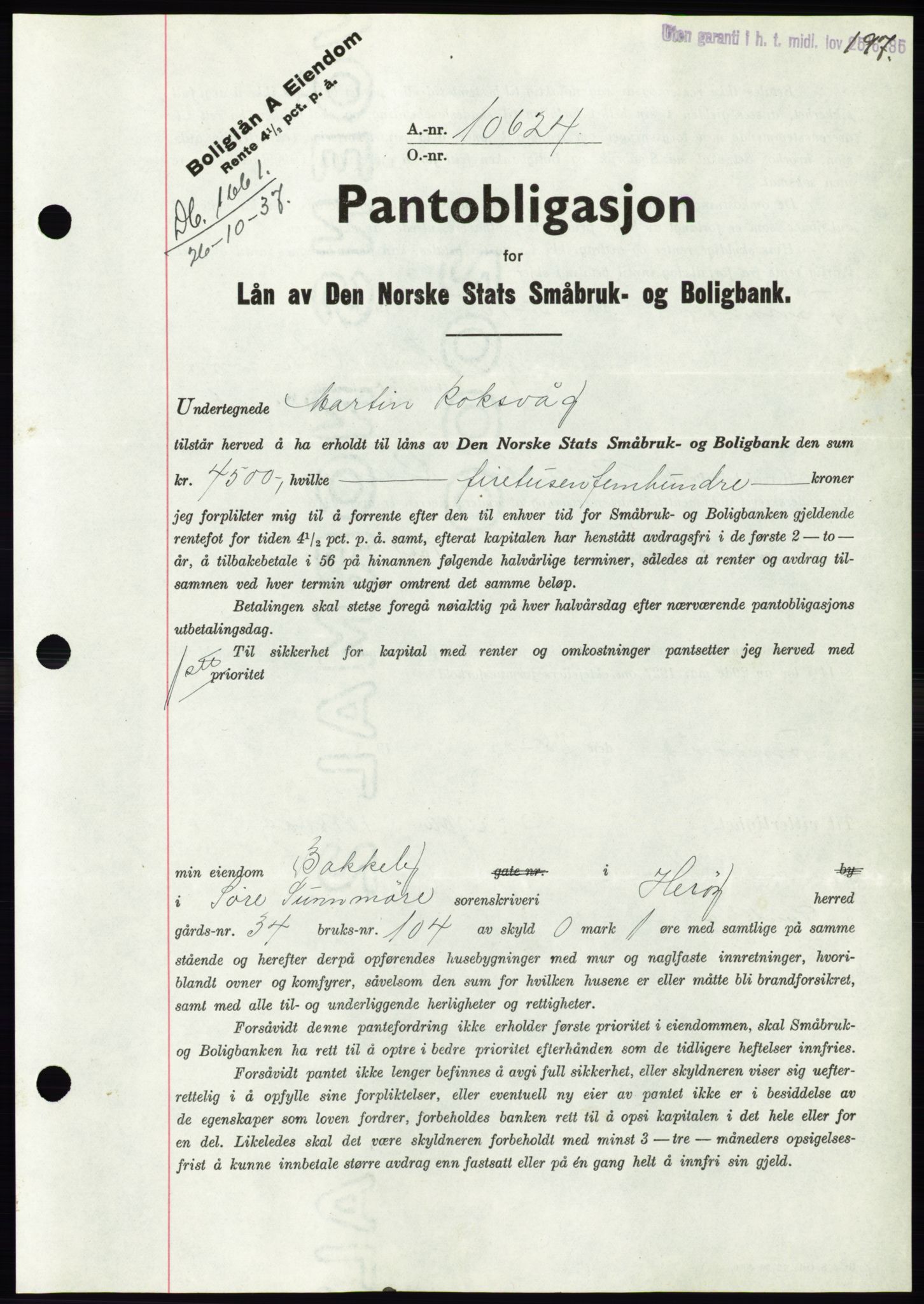 Søre Sunnmøre sorenskriveri, AV/SAT-A-4122/1/2/2C/L0064: Mortgage book no. 58, 1937-1938, Diary no: : 1661/1937