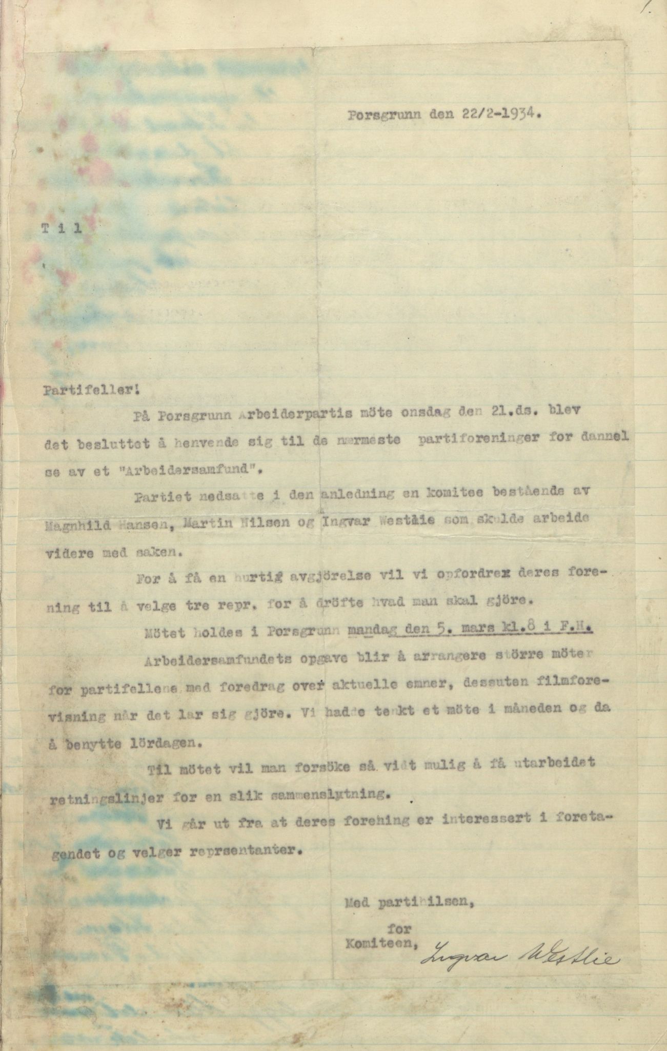 Porsgrunn og omegn arbeidersamfunns arkiv, AAT/AAT-805129/A/L0001: Møtebok, 1934-1936