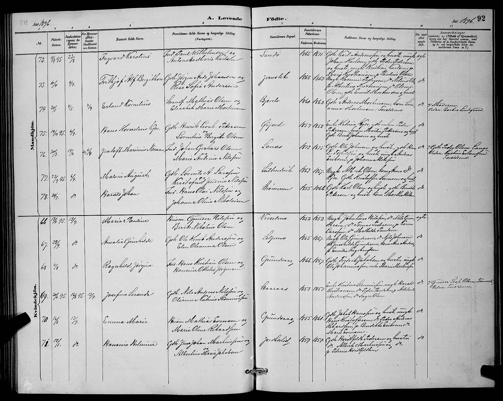 Lenvik sokneprestembete, SATØ/S-1310/H/Ha/Hab/L0007klokker: Parish register (copy) no. 7, 1890-1898, p. 92