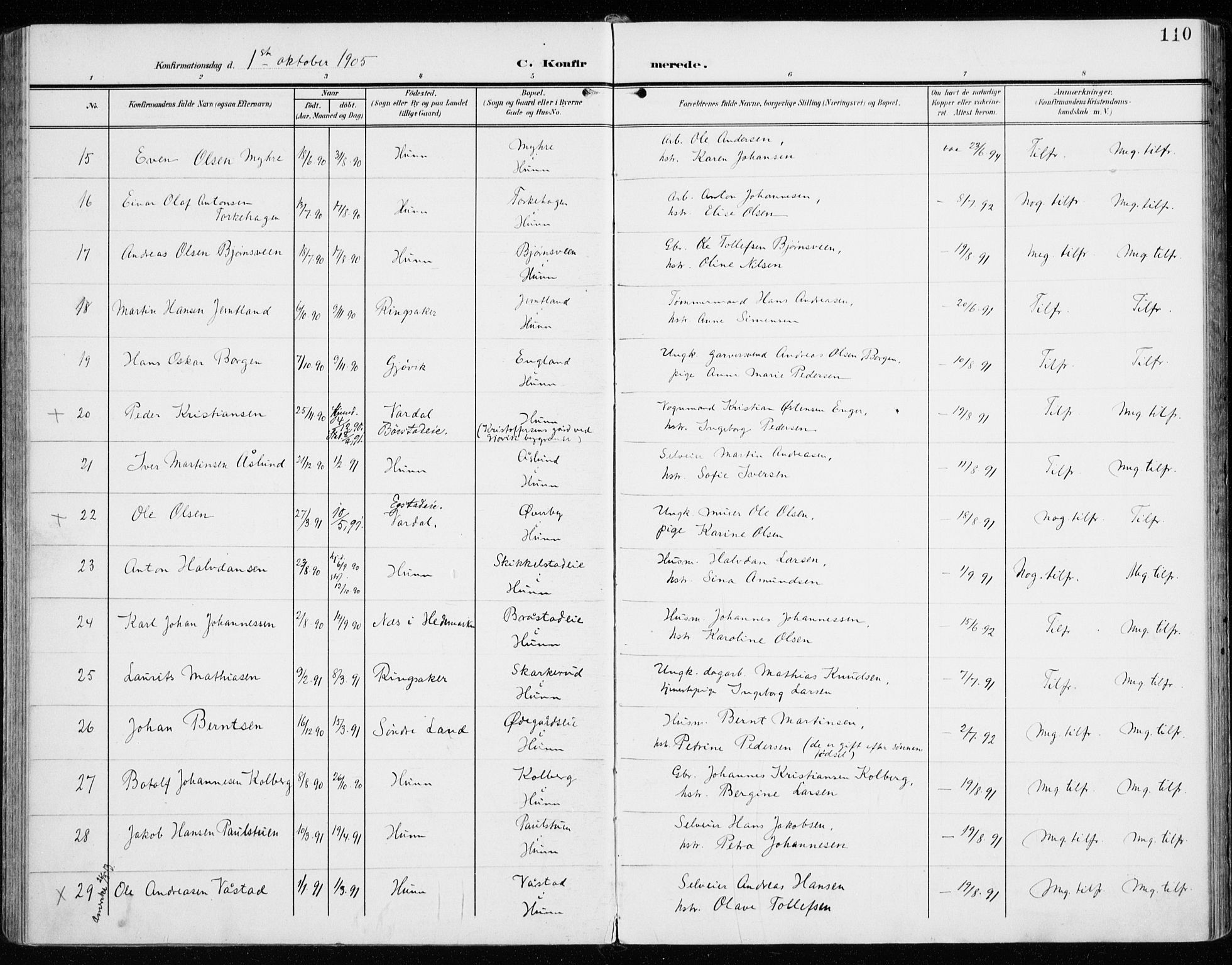 Vardal prestekontor, SAH/PREST-100/H/Ha/Haa/L0016: Parish register (official) no. 16, 1904-1916, p. 110