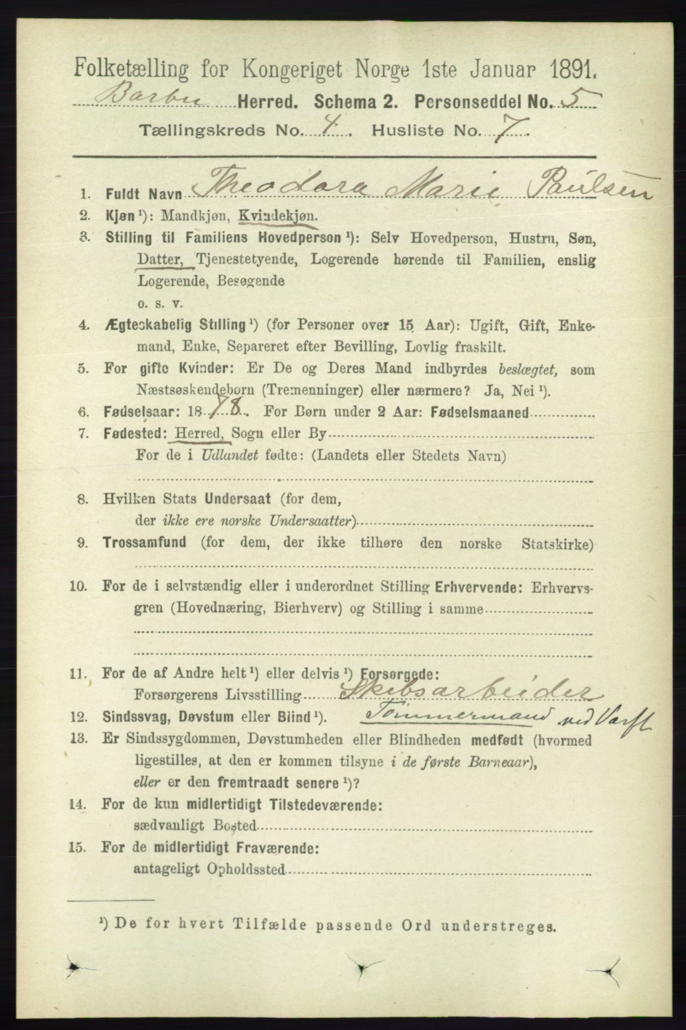 RA, 1891 census for 0990 Barbu, 1891, p. 2487