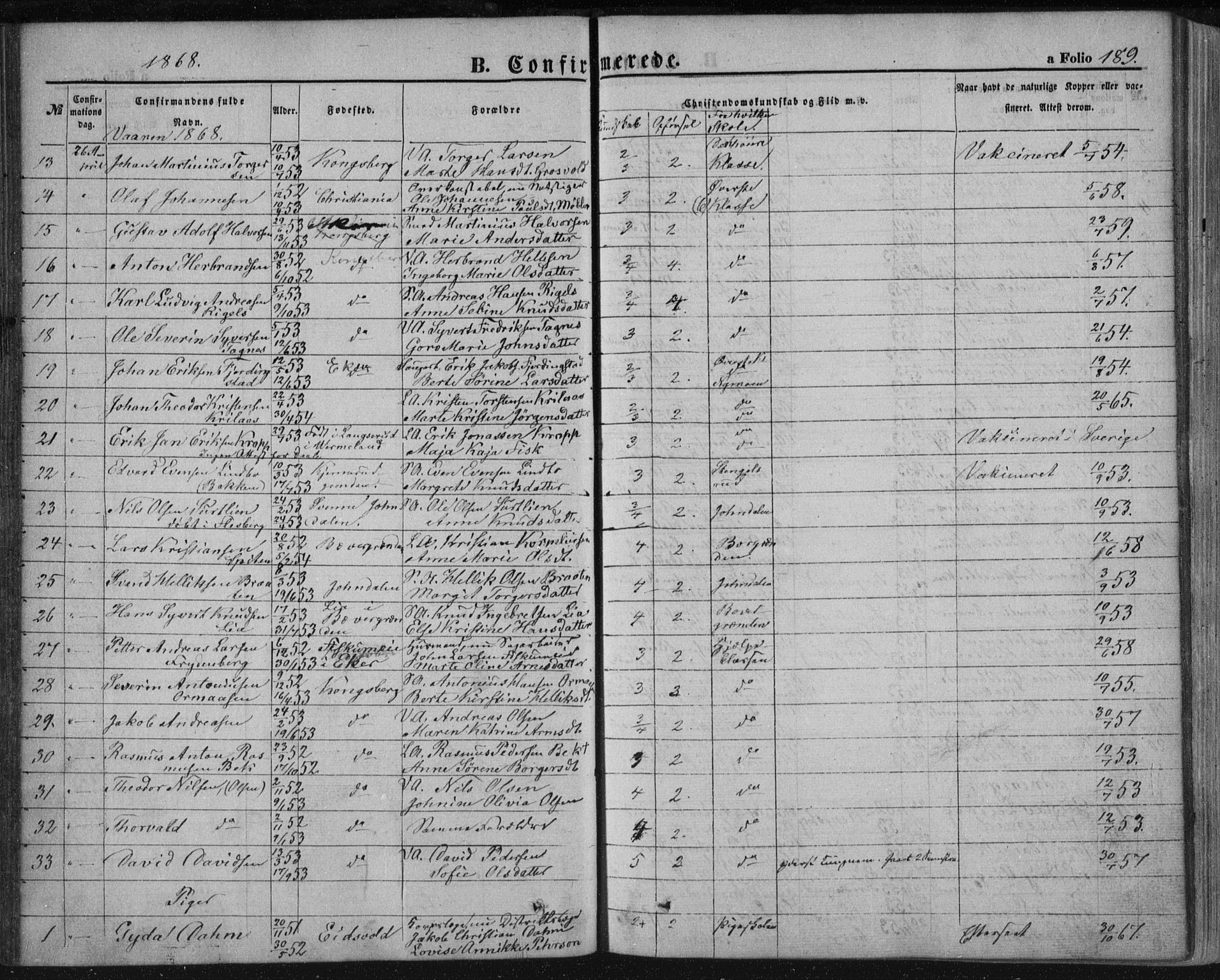 Kongsberg kirkebøker, SAKO/A-22/F/Fa/L0010: Parish register (official) no. I 10, 1859-1875, p. 189