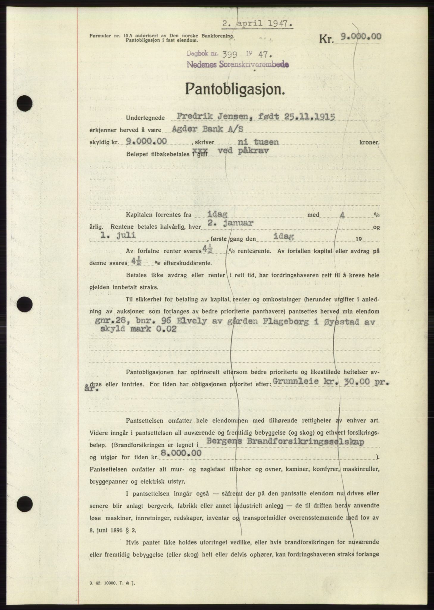 Nedenes sorenskriveri, AV/SAK-1221-0006/G/Gb/Gbb/L0004: Mortgage book no. B4, 1947-1947, Diary no: : 399/1947