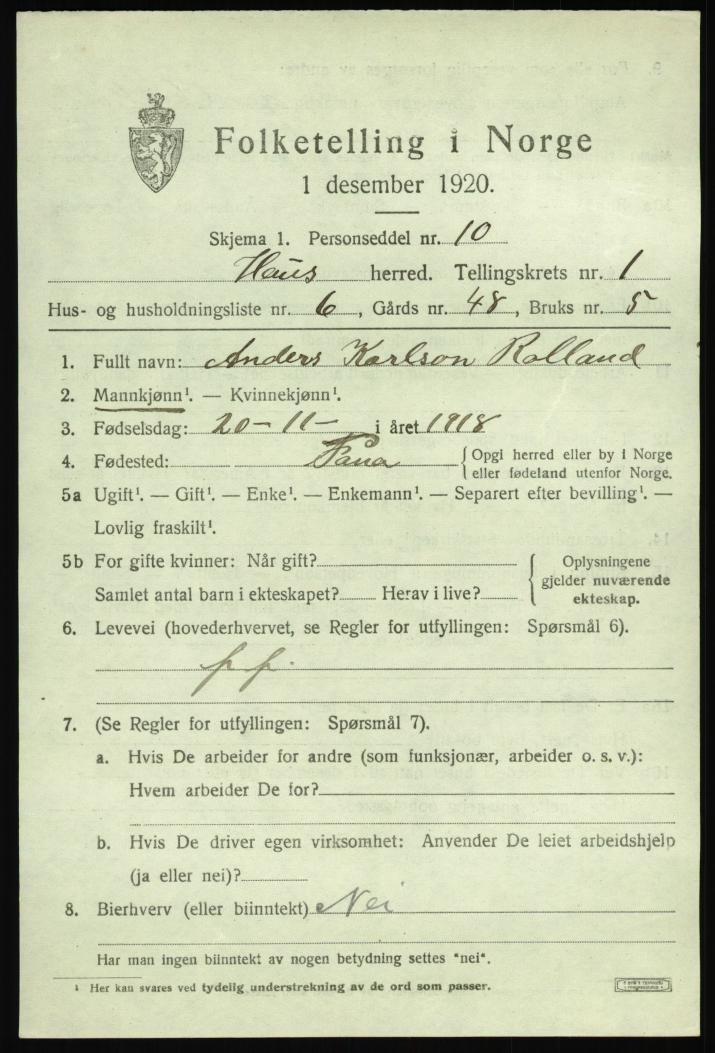 SAB, 1920 census for Haus, 1920, p. 1777