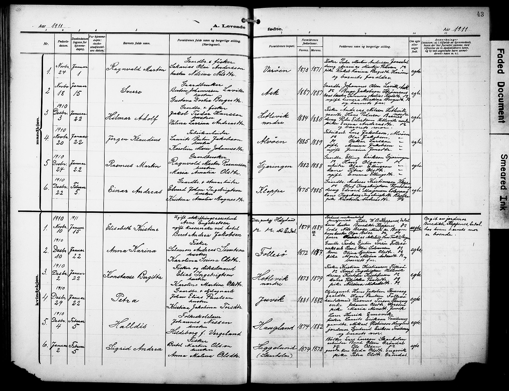 Askøy Sokneprestembete, AV/SAB-A-74101/H/Ha/Hab/Haba/L0011: Parish register (copy) no. A 11, 1908-1931, p. 43