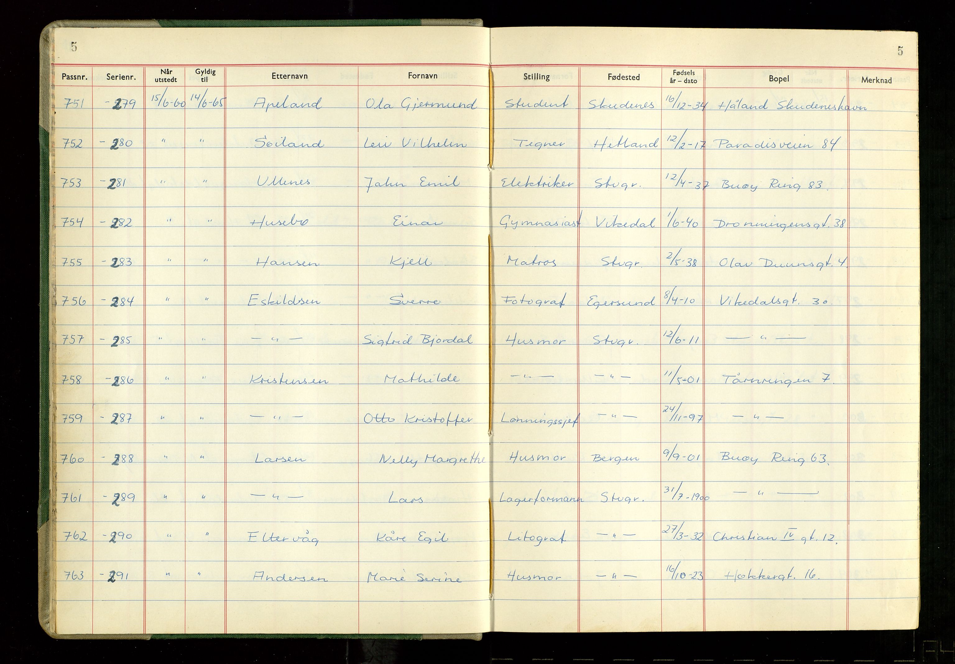 Stavanger politikammer, AV/SAST-A-100361/001/H/Hc/Hcd/Hcdb/L0008: "Pass-journal", 1960-1961, p. 5