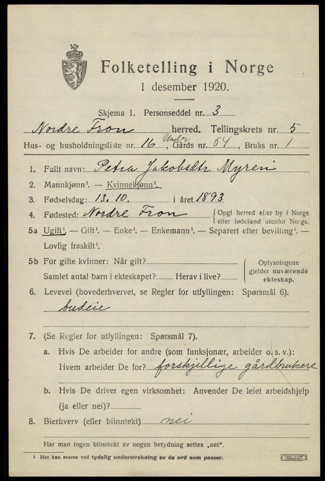 SAH, 1920 census for Nord-Fron, 1920, p. 4906