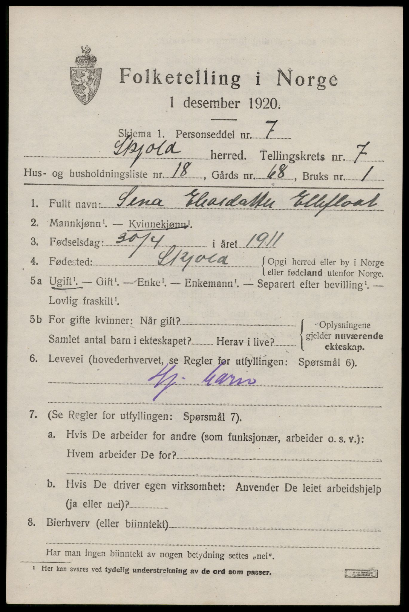 SAST, 1920 census for Skjold, 1920, p. 4054