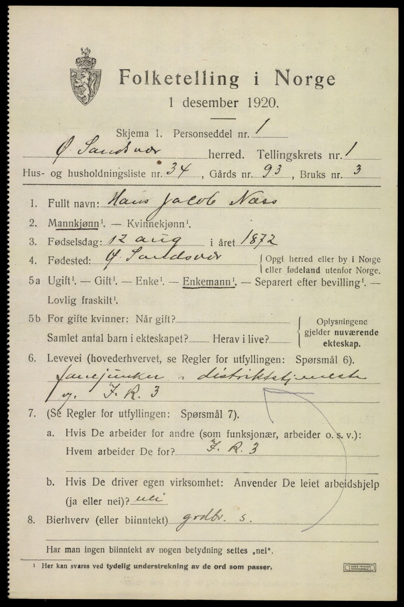 SAKO, 1920 census for Øvre Sandsvær, 1920, p. 1342