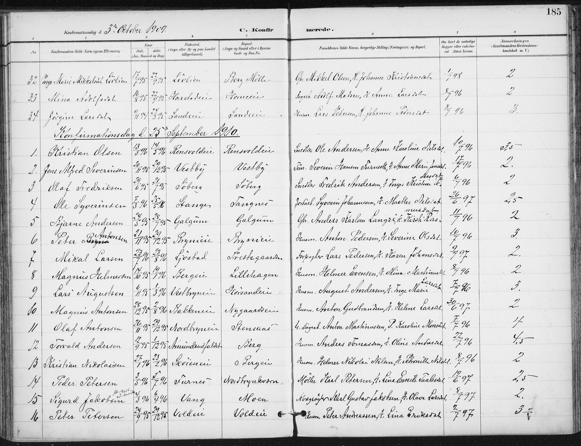 Romedal prestekontor, AV/SAH-PREST-004/K/L0011: Parish register (official) no. 11, 1896-1912, p. 185