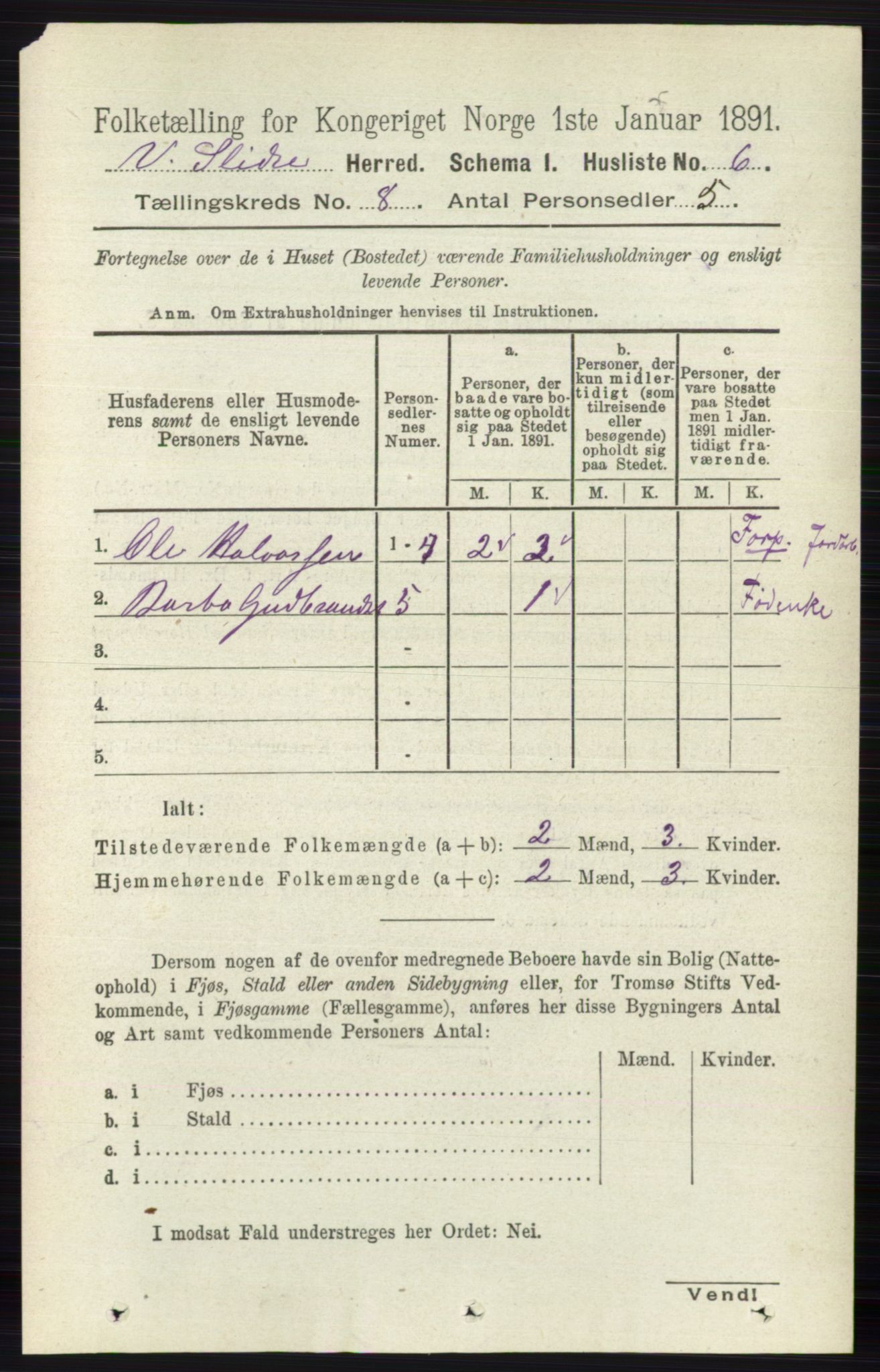 RA, 1891 census for 0543 Vestre Slidre, 1891, p. 2935