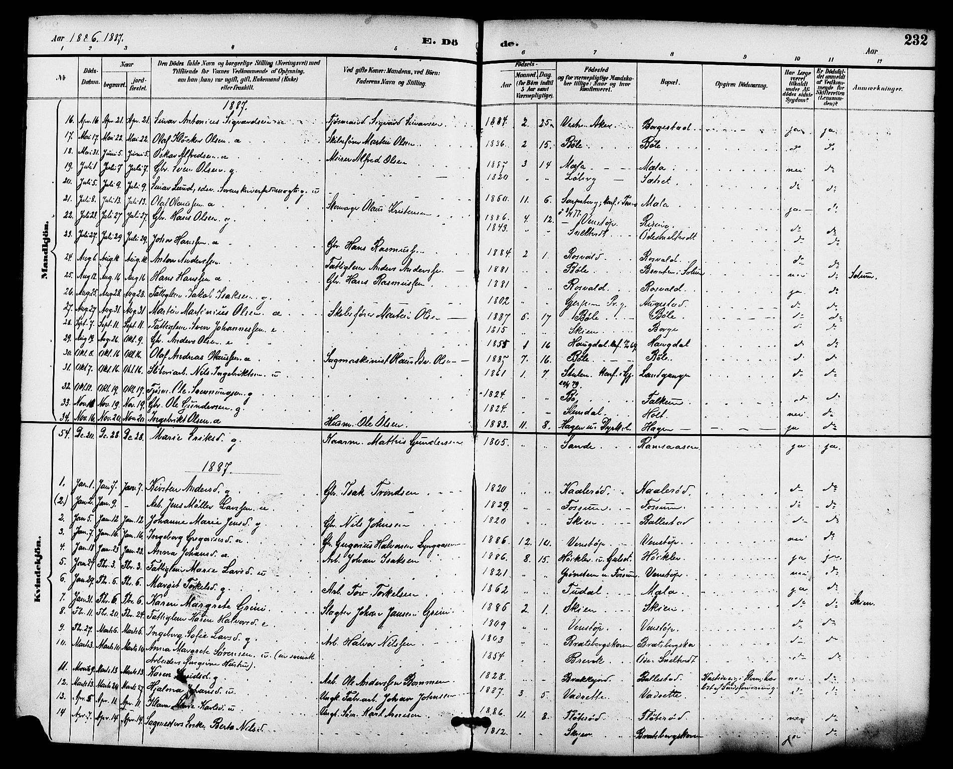 Gjerpen kirkebøker, SAKO/A-265/F/Fa/L0010: Parish register (official) no. I 10, 1886-1895, p. 232