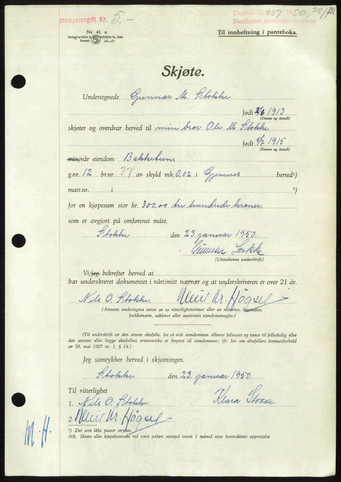 Nordmøre sorenskriveri, AV/SAT-A-4132/1/2/2Ca: Mortgage book no. A113, 1949-1950, Diary no: : 289/1950