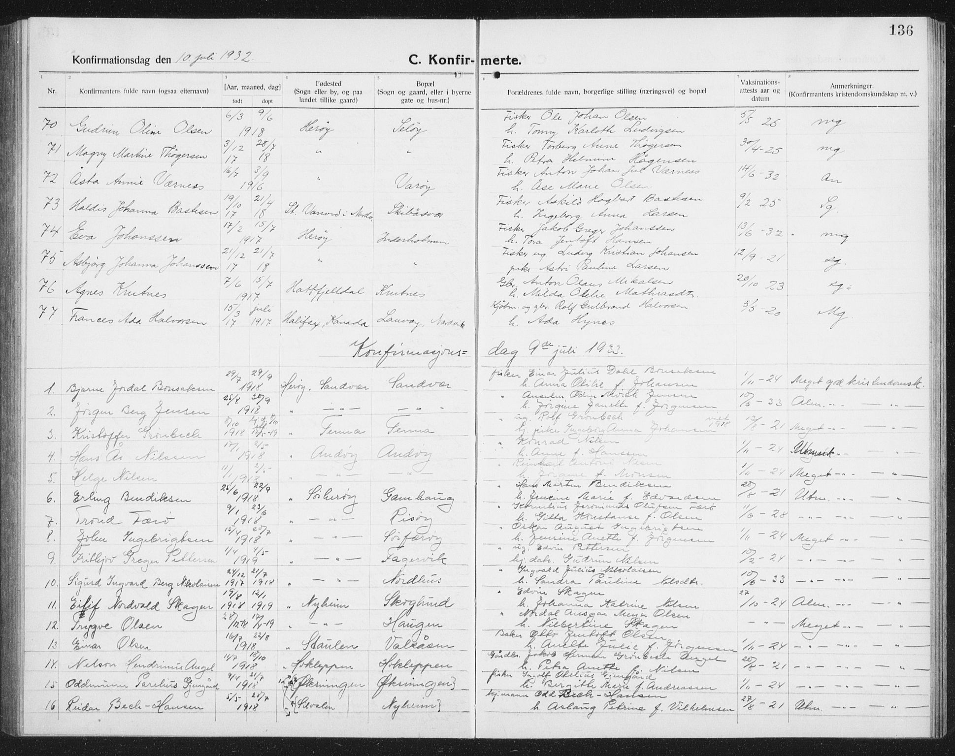 Ministerialprotokoller, klokkerbøker og fødselsregistre - Nordland, SAT/A-1459/834/L0517: Parish register (copy) no. 834C07, 1919-1939, p. 136