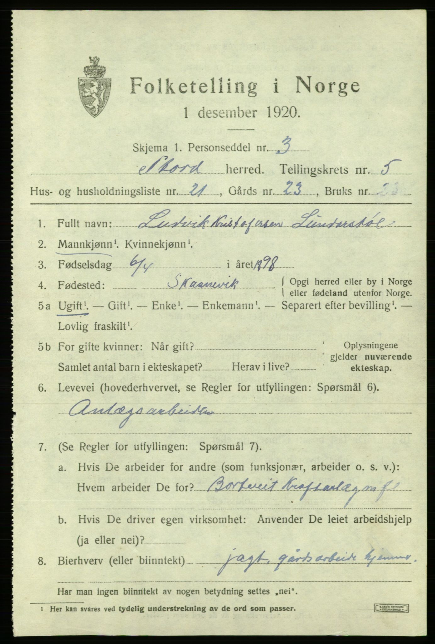 SAB, 1920 census for Stord, 1920, p. 2357