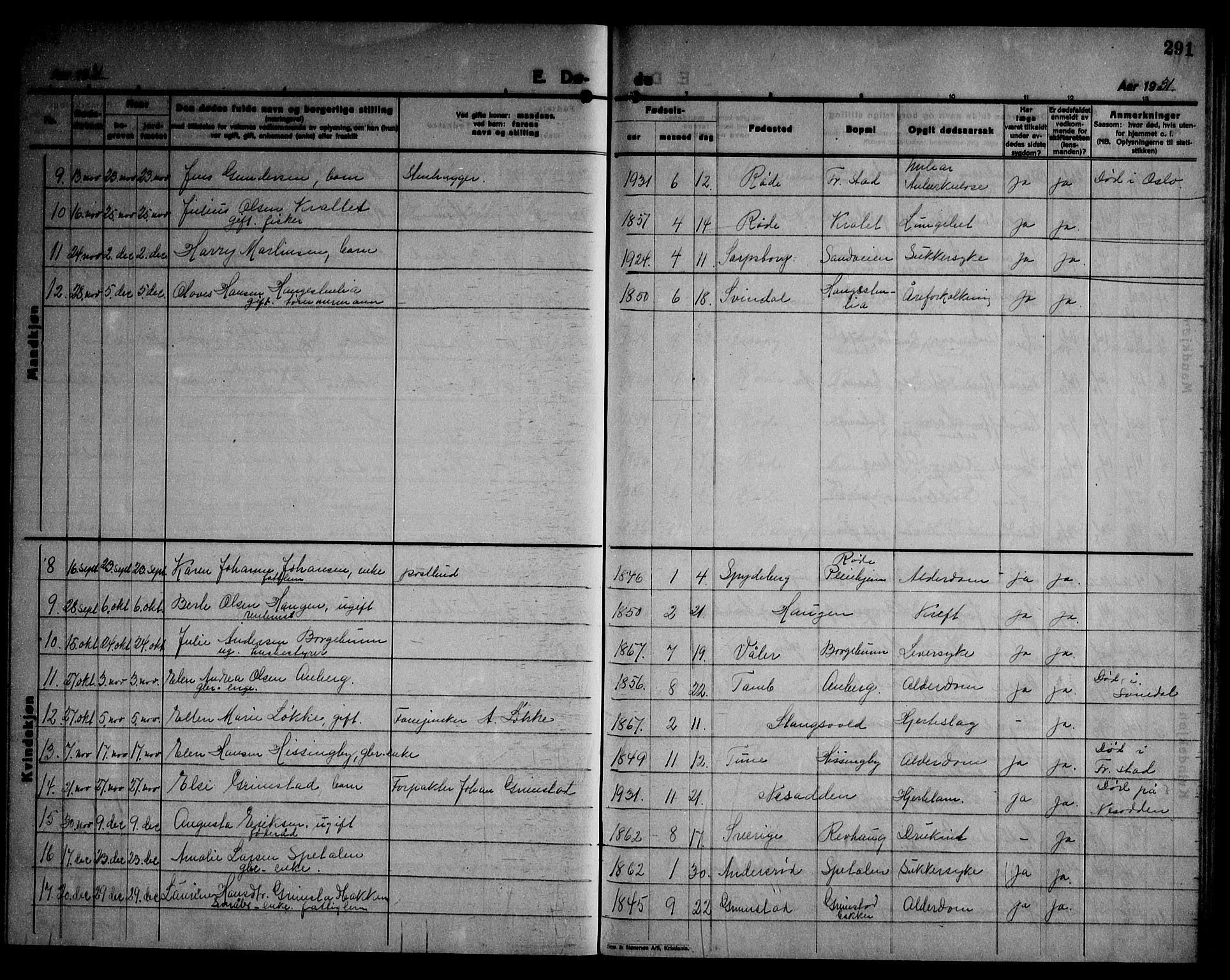 Råde prestekontor kirkebøker, AV/SAO-A-2009/G/Ga/L0002: Parish register (copy) no. I 2, 1926-1947, p. 291